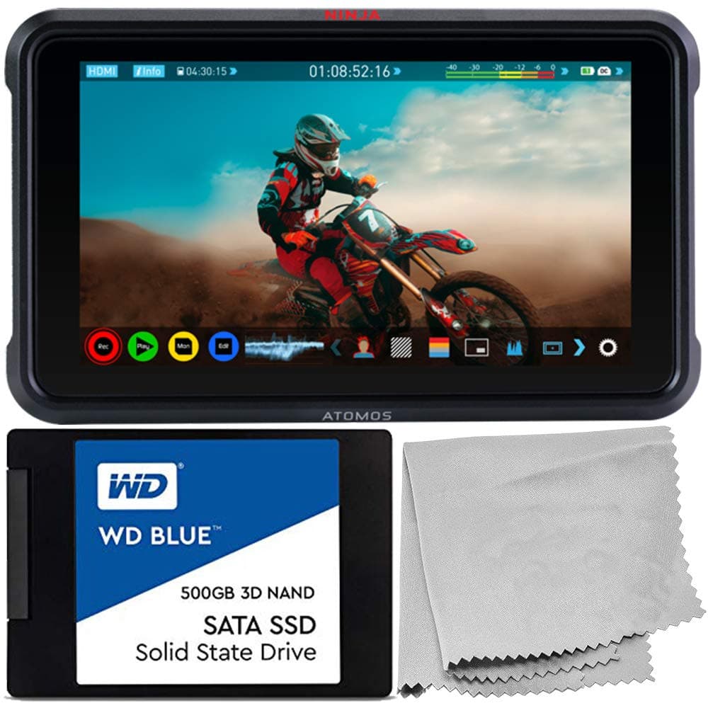 Atomos Ninja V 5" 4K HDMI Recording Monitor with SSD Starter Bundle – Includes: WD Blue 500GB Sata SSD Solid State Drive & Microfiber Cleaning Cloth
