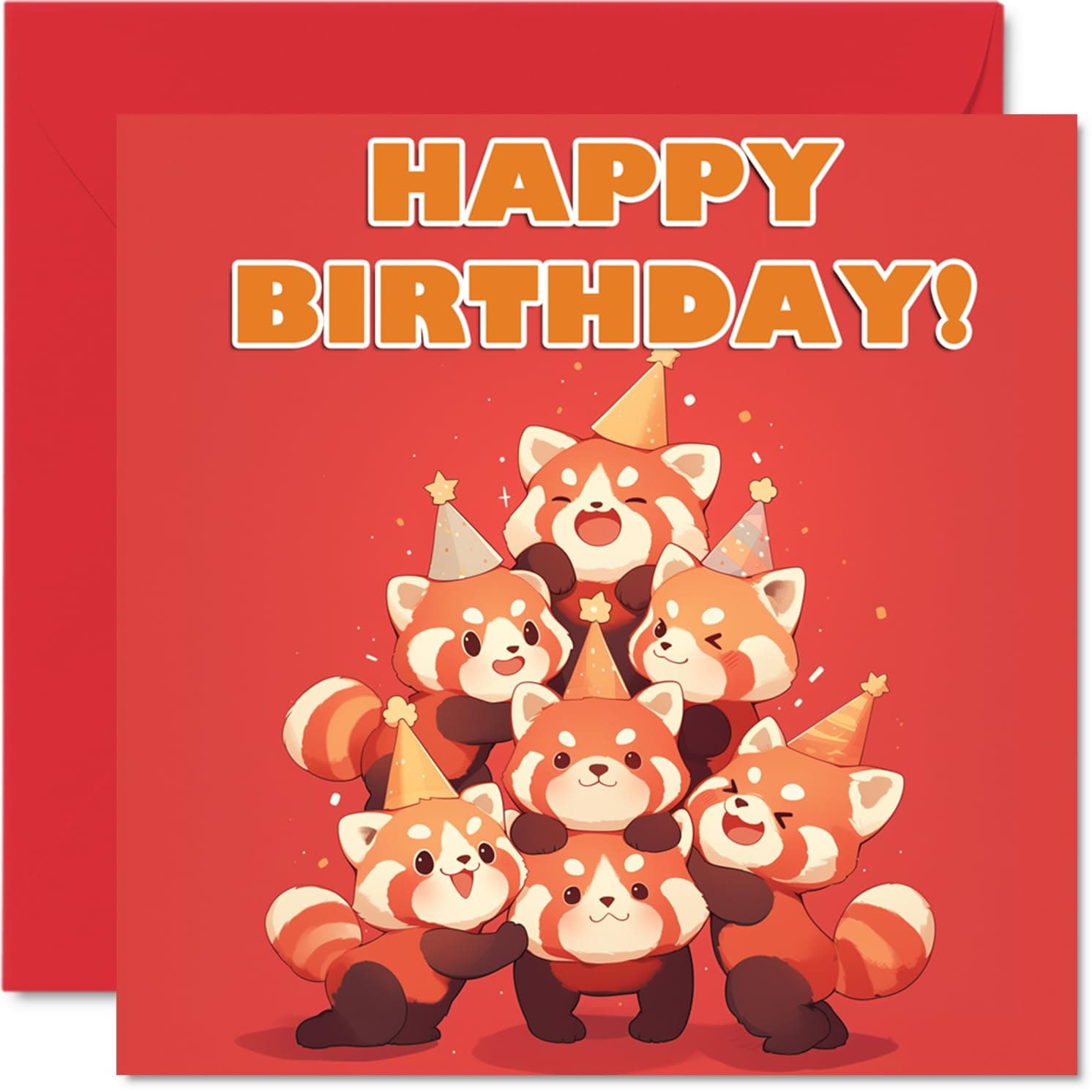 Red Panda Birthday Cards for Her Him - Party Animals Pyramid - Happy Birthday Card for Mum Dad Brother Sister Auntie Uncle Cousin Friend Family Colleague 145mm x 145mm Bday Greeting Cards