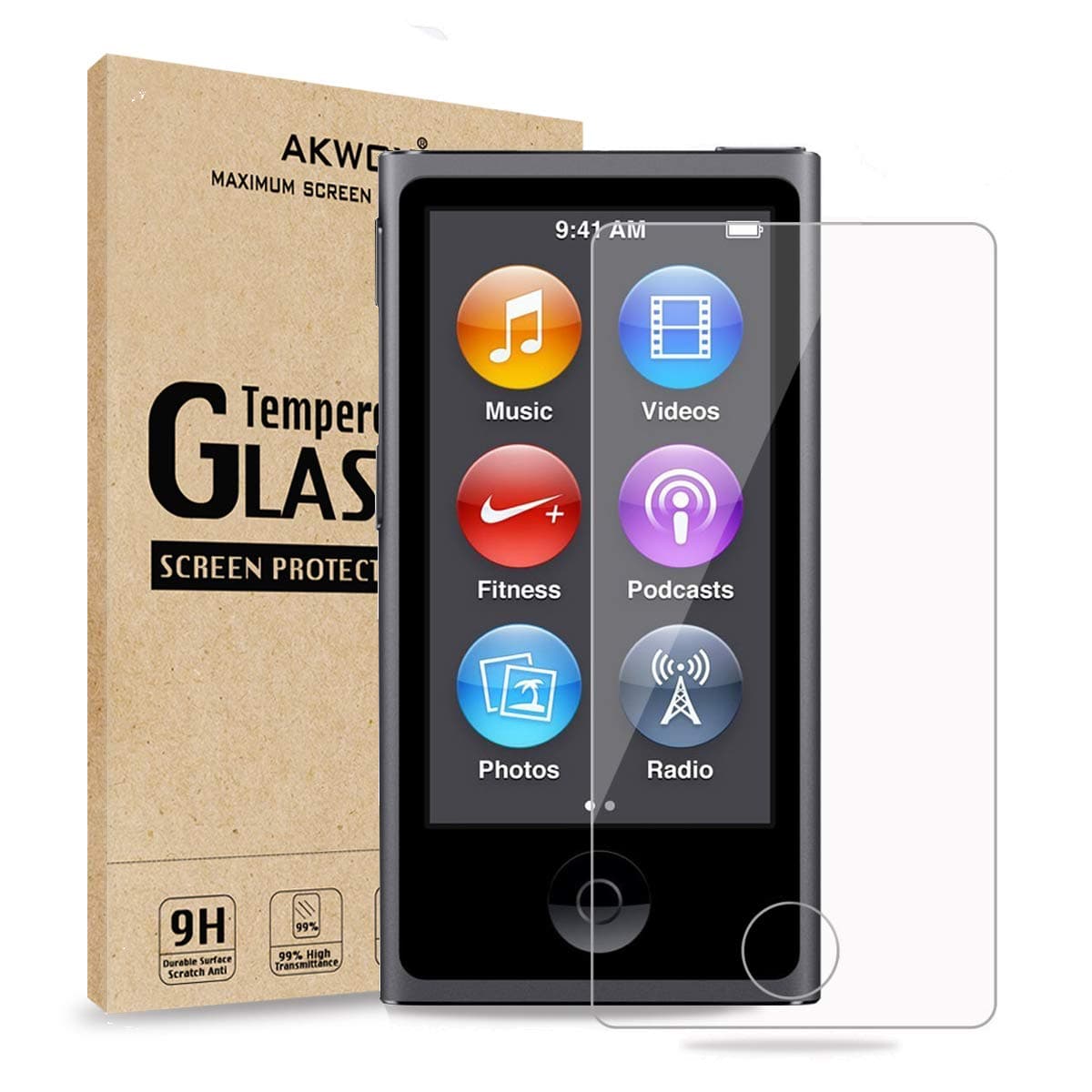 AKWOX (Pack of 2) Screen Protector for iPod Nano 7 8th, 0.33mm High Definition Clear Tempered Glass Screen Protector Guard Film for iPod Nano 8th/7 Generation,Shockproof and Scratch-Resistant