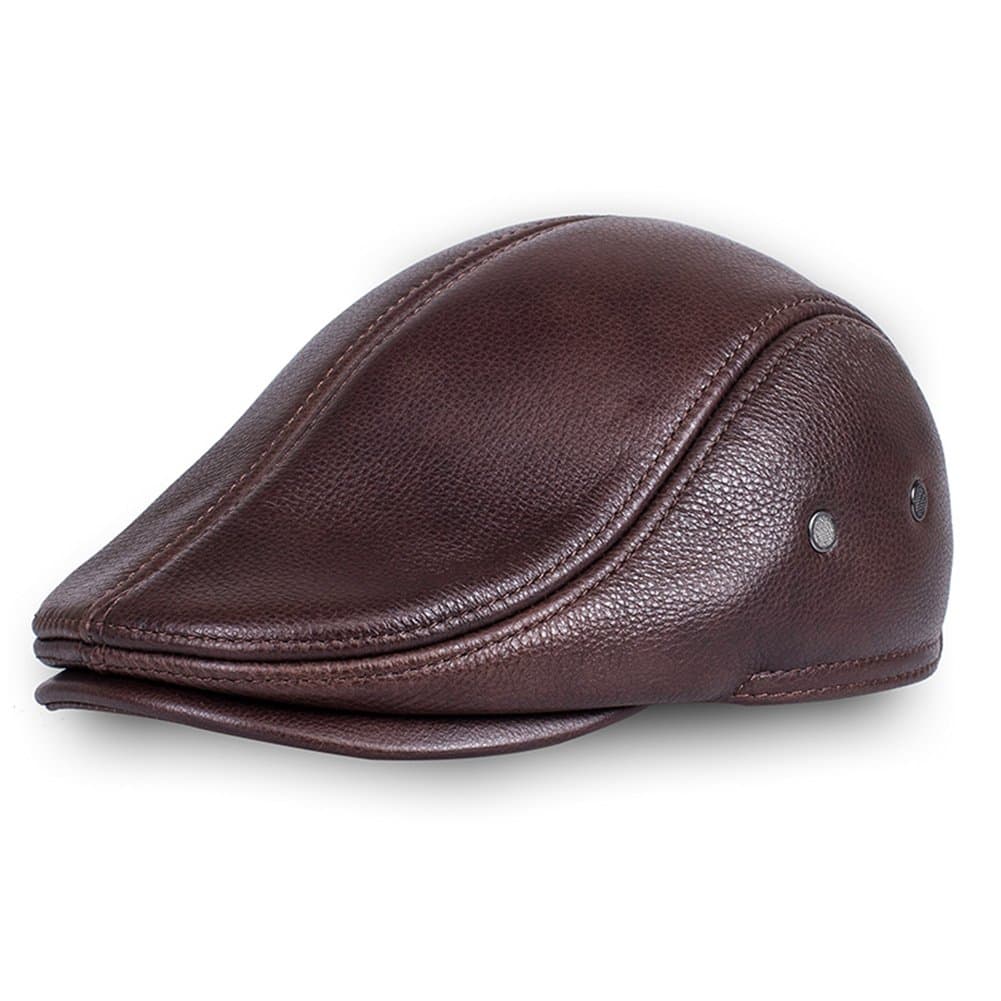 Men's Real Cowhide Leather Beret Hunting Cap Beanie Trucker Cap Mens Sports Hat Red Brown M