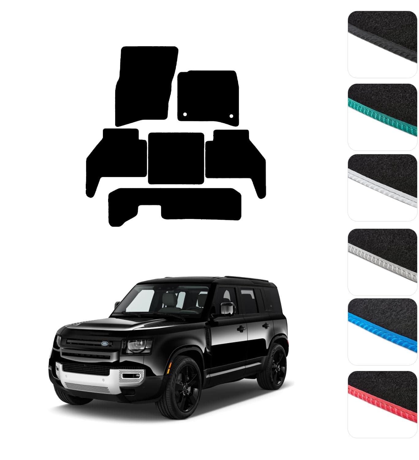 โ GCM - Car Floor Mats for Land Rover Defender 110 (7 seat) 2020 To Present Full Floor Protection - Anti Slip & Fit Car Mat with Clips Easy to Clean Car Carpet for All-Weather- Black Edging, Carpet