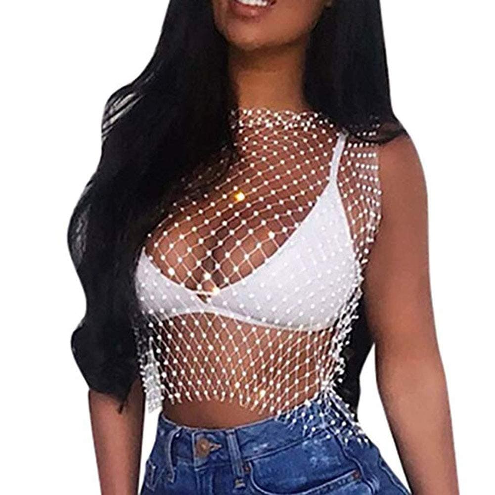 Women Mesh Tank Tops Shiny Crystal Diamond Rhinestone Elastic Hollow Out Crop Tops T-Shirt Sleeveless for Concert Music Festival Dance Club Party Rave Costume(White)