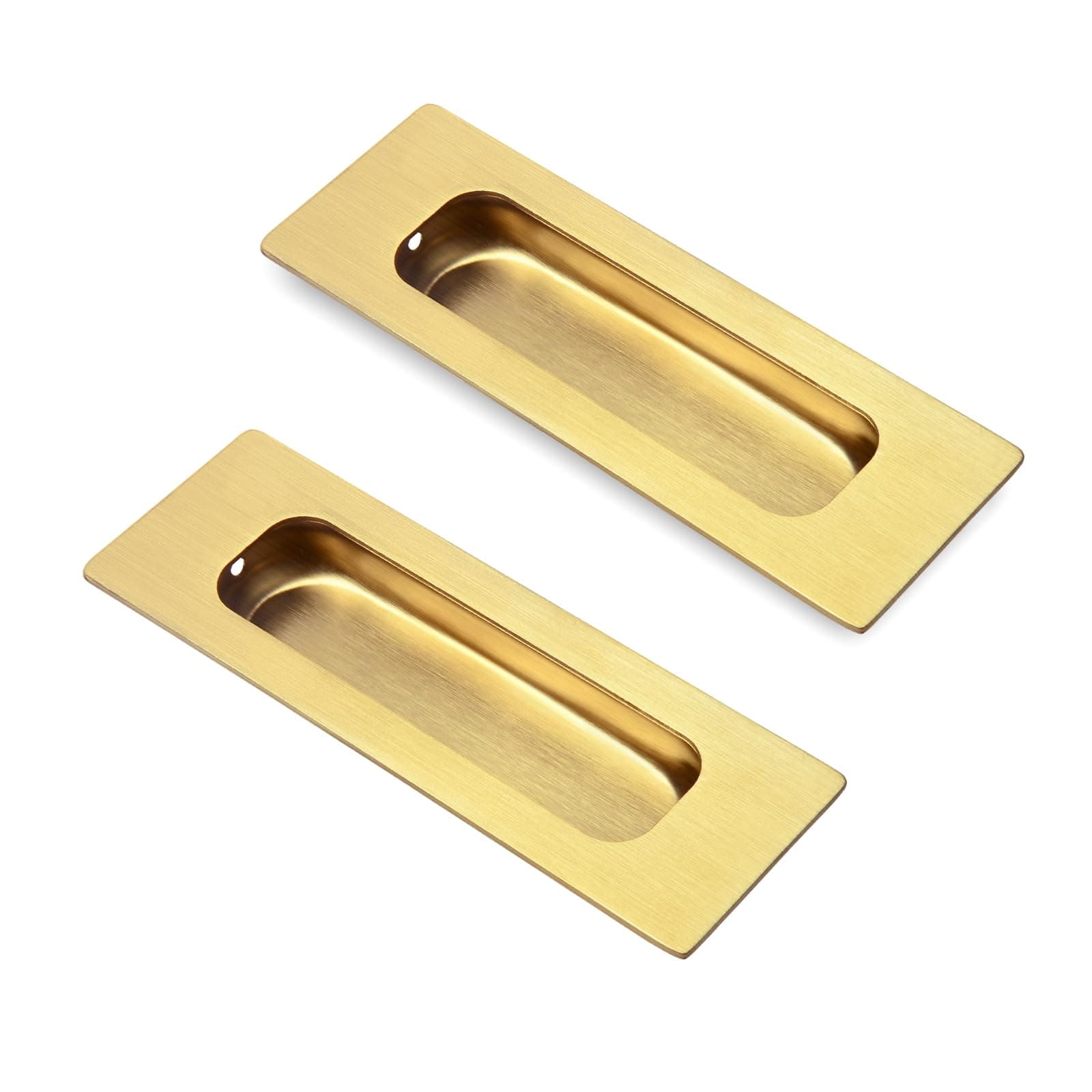 2 Pack 120mm Flush Sliding Closet Door Pulls, Recessed Finger Pulls for Sliding Barn Bypass Door Handles, Cabinet Drawer Rectangular Invisible Pull- Small Size 4.75 in, Brushed Gold