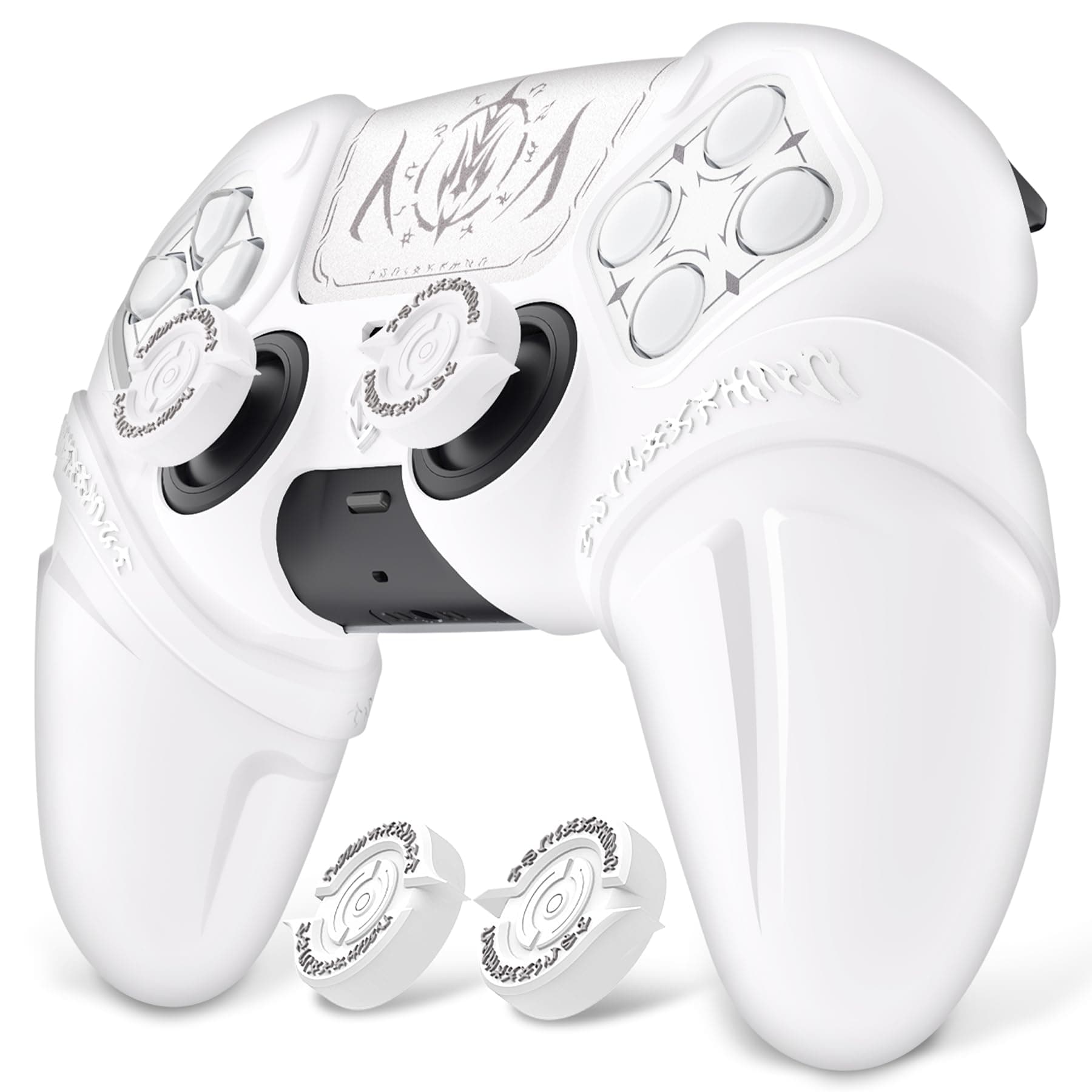 PlayVital Runes Edition Silicone Cover Skin for ps5 Controller with Thumb Grips & Touchpad Skin & D-pad Area Sticker, Anti-Slip Controller Grip Cover Compatible with ps5 Charging Dock- White