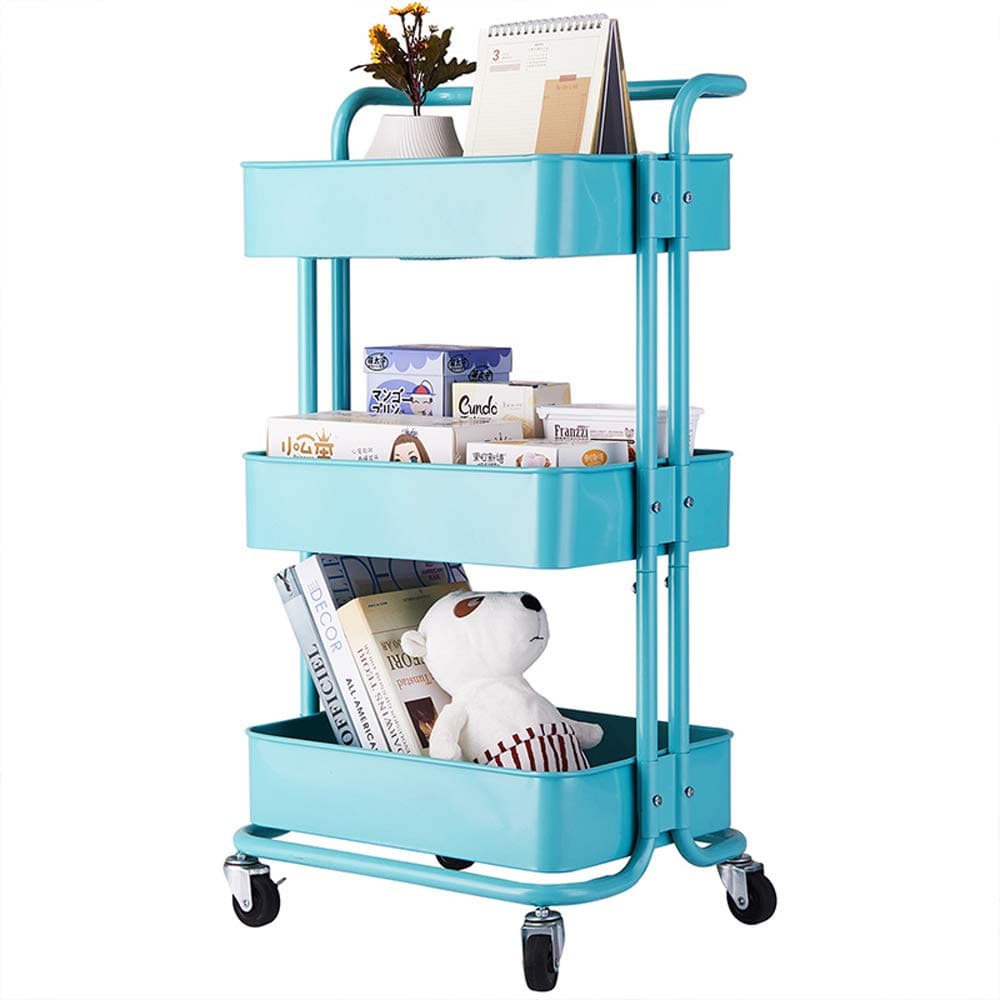 Knocbel 3-Tier Metal Rolling Utility Cart Storage Trolley with Handle & 4 Swivel Caster Wheels (Turquoise)