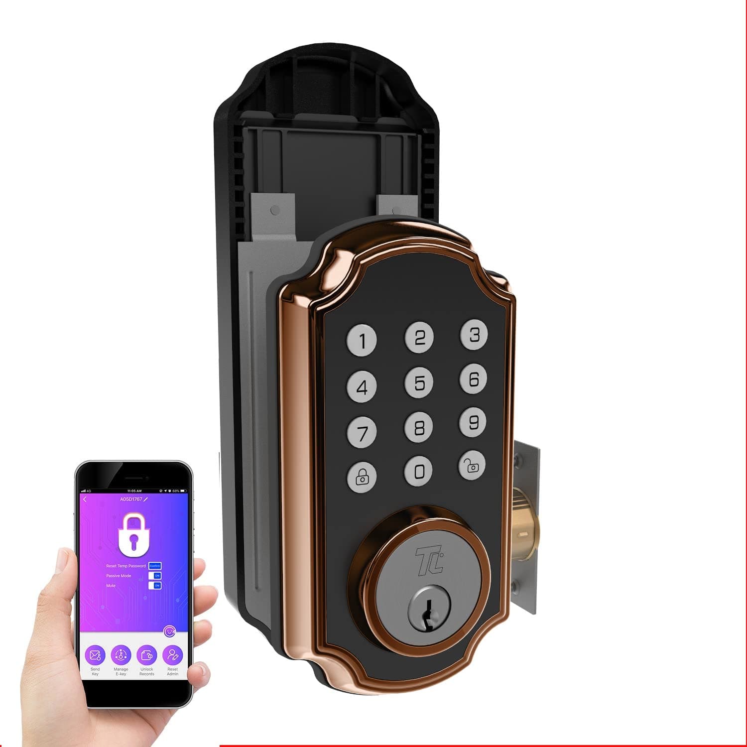 TURBOLOCK TL117 Smart Lock with Keypad, Voice Prompts | Single-Cylinder Digital Deadbolt w/App | Unlimited eKeys, Code Disguise, Backup Power Port & Keys (Bronze)
