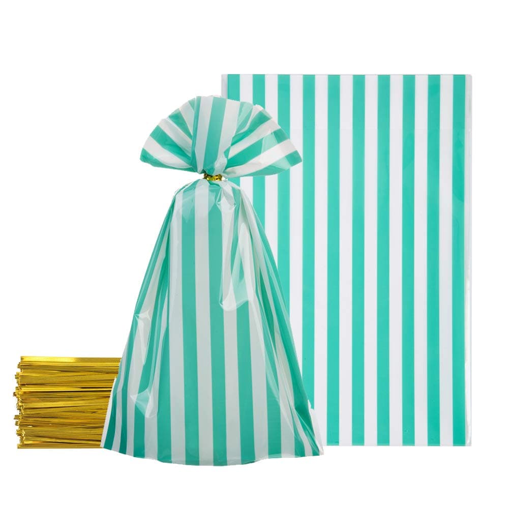 AWELL Mint Green Cellophane Bags 5.5x8 inch with Twist Ties for Treat Candy Cookie Party Favor Bags, Mint Green and White Stripes,Pack of 100