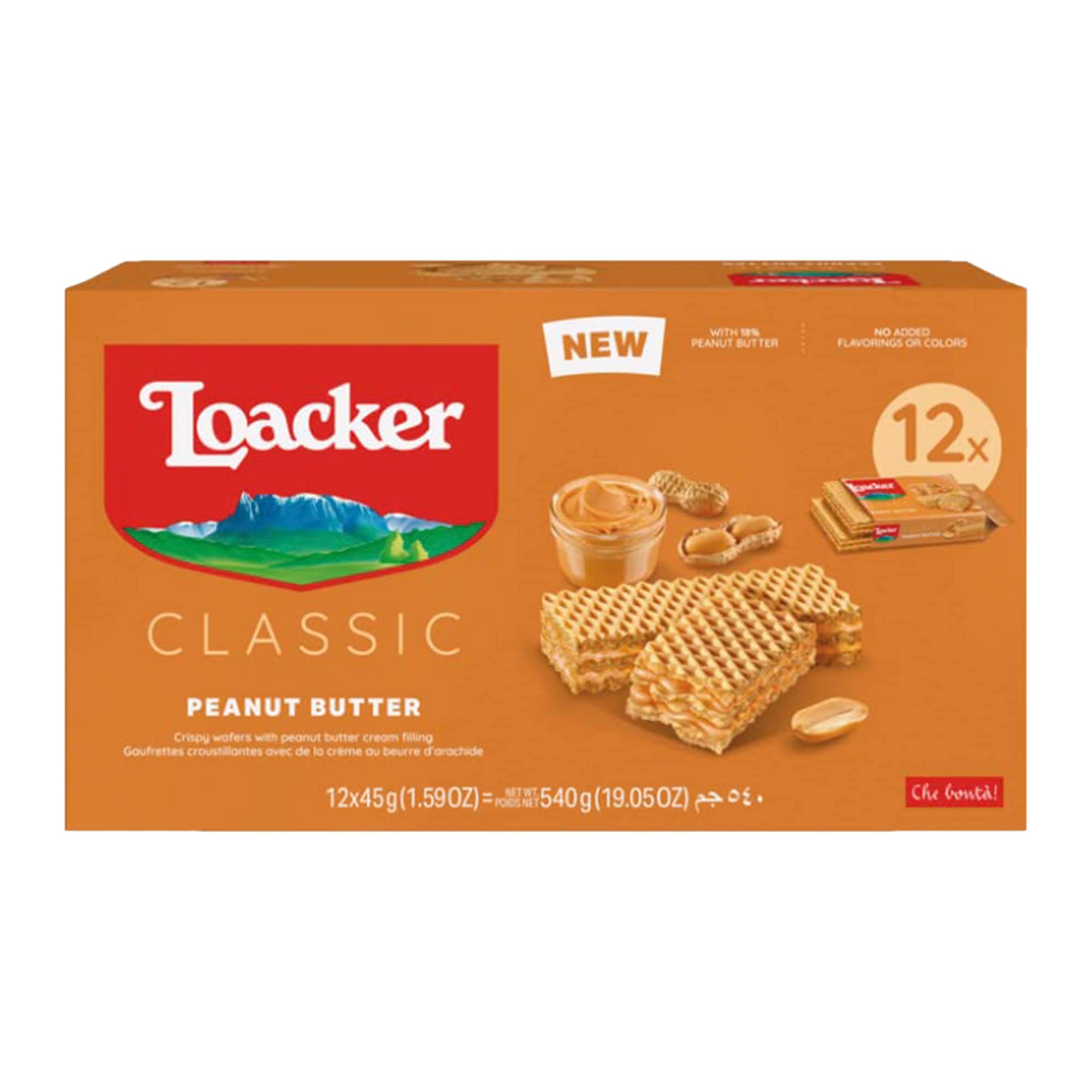 Loacker Premium Peanut Butter Wafer Cookies| Multipack of 12 snacks | Crispy wafer fingers with creme-filling | Taste of pure Peanut Butter |Non GMO | No artificial flavorings, added colors or preservatives | perfect snack for lunchbox 19.05 oz