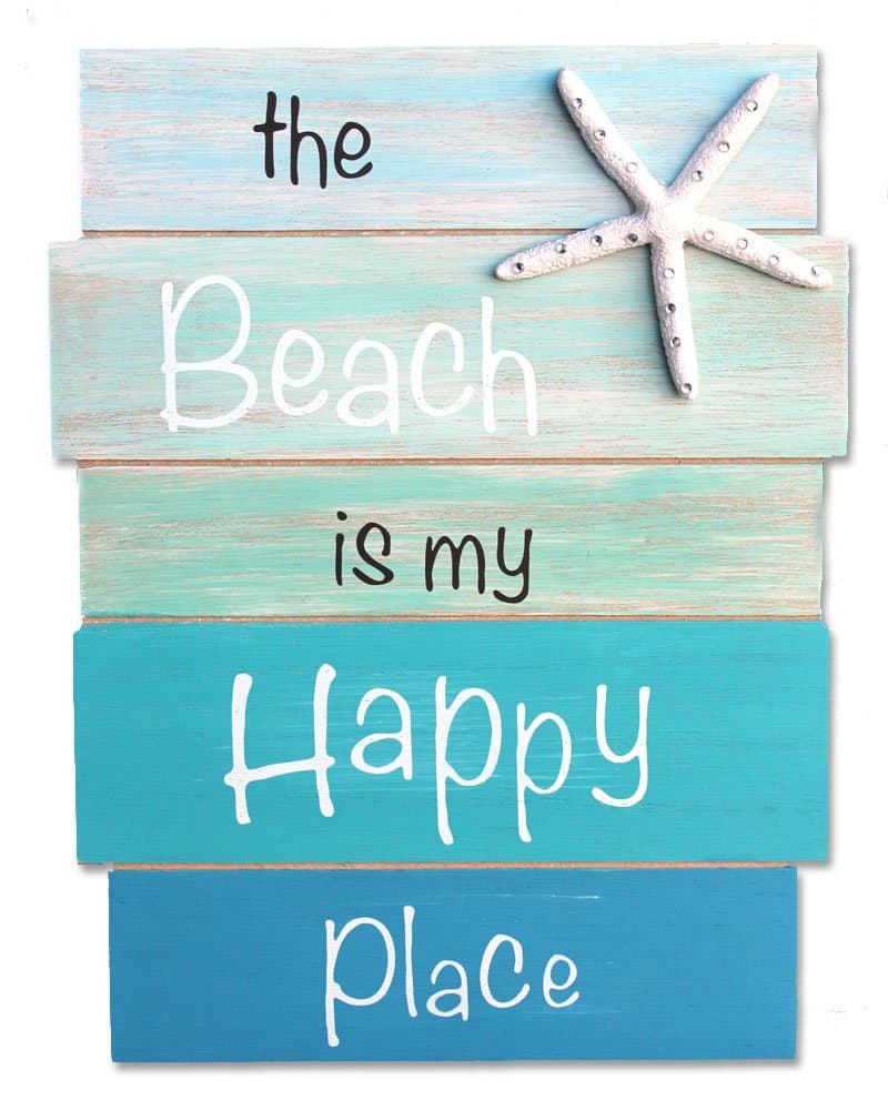 California Seashell Company The Beach is My Happy Place - Coastal Wood Plank Sign with White Resin Starfish & Rhinestones