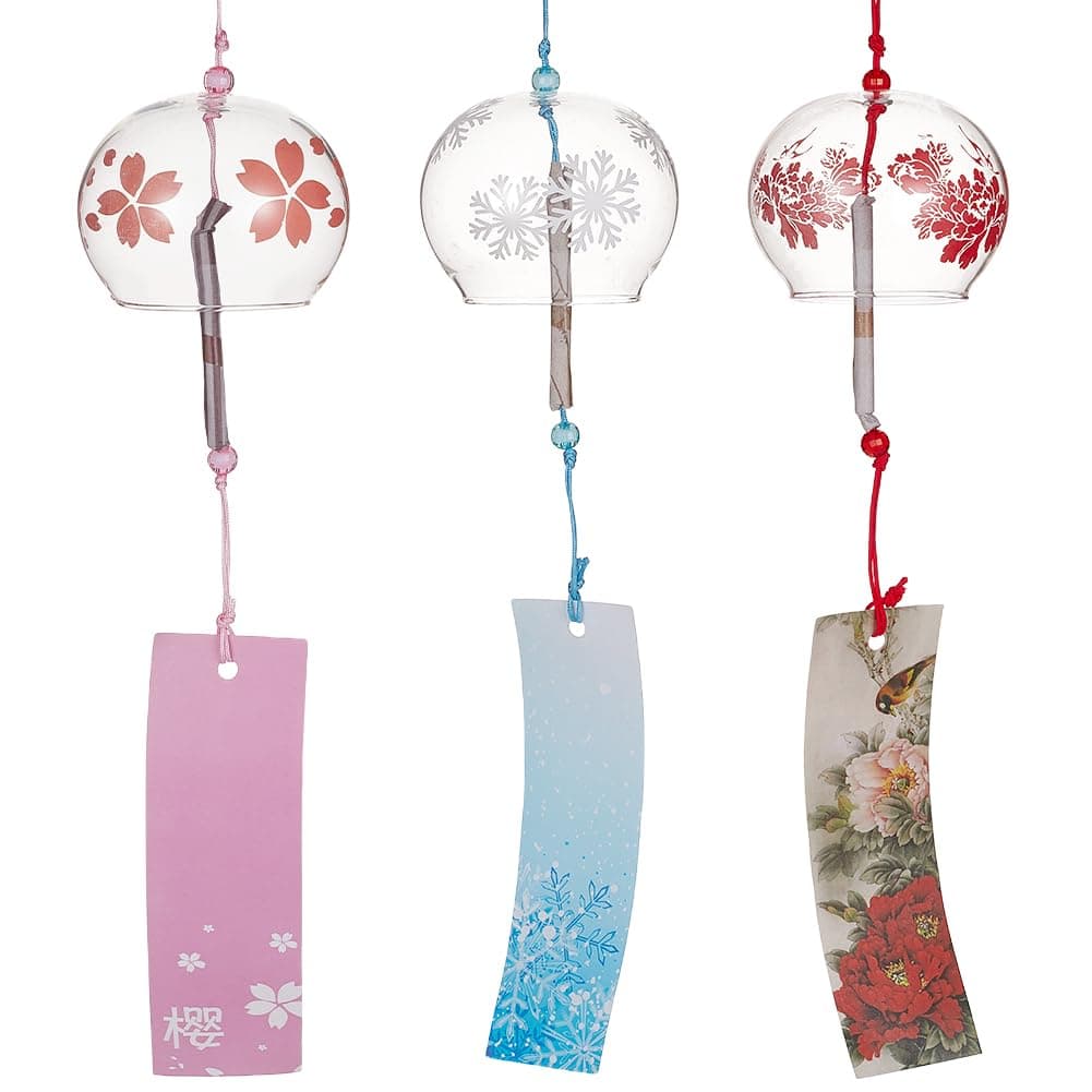 BENECREAT 3PCS Japanese Wind Chimes Pink Cherry/Red/Blue Glass Wind Bells Handmade Pendants for Birthday Gift, Home Wedding Party Decorations