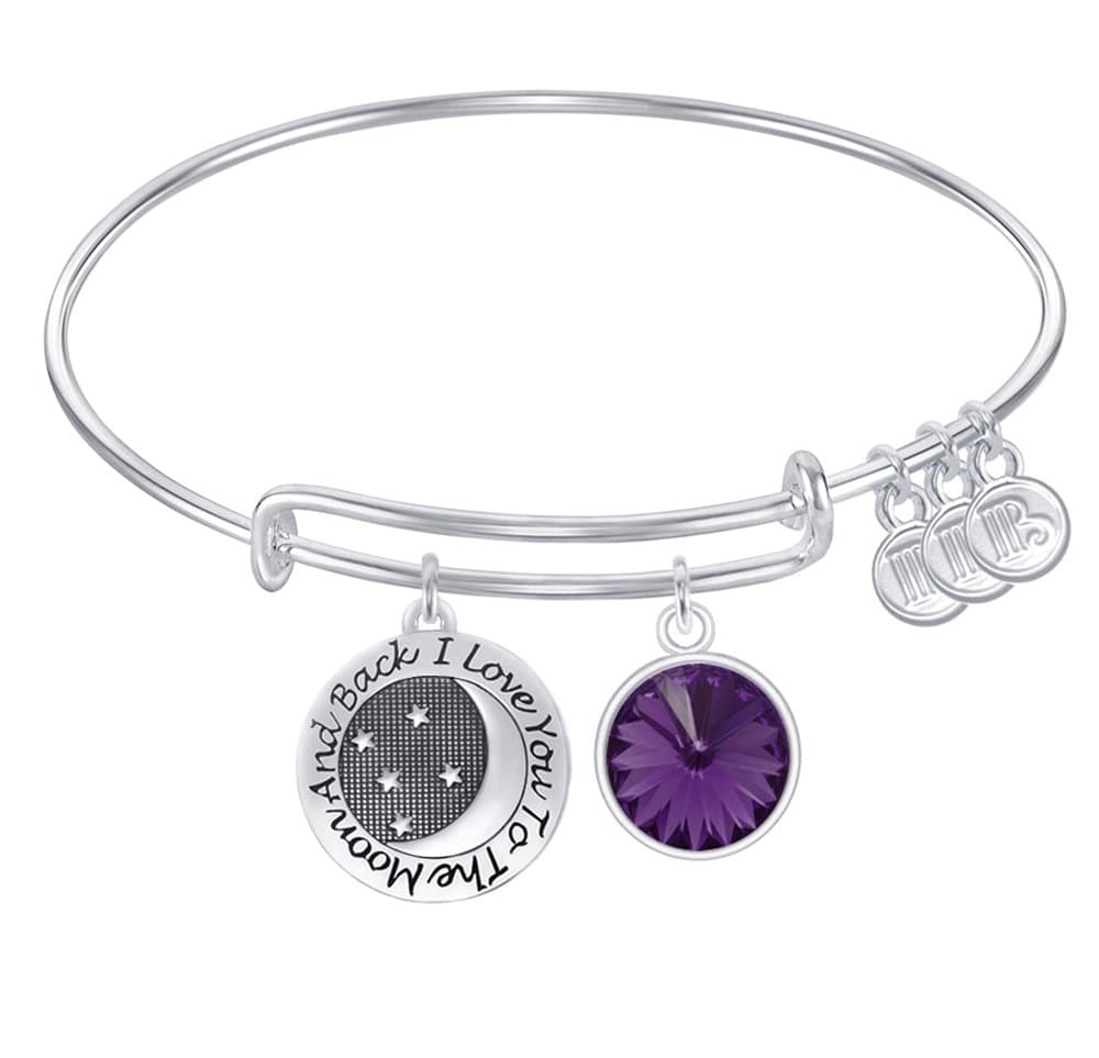 I Love You to the Moon and Back Expandable Wire Bangle Bracelet with February Charm Swarovski Crystal GIFT BOXED 1