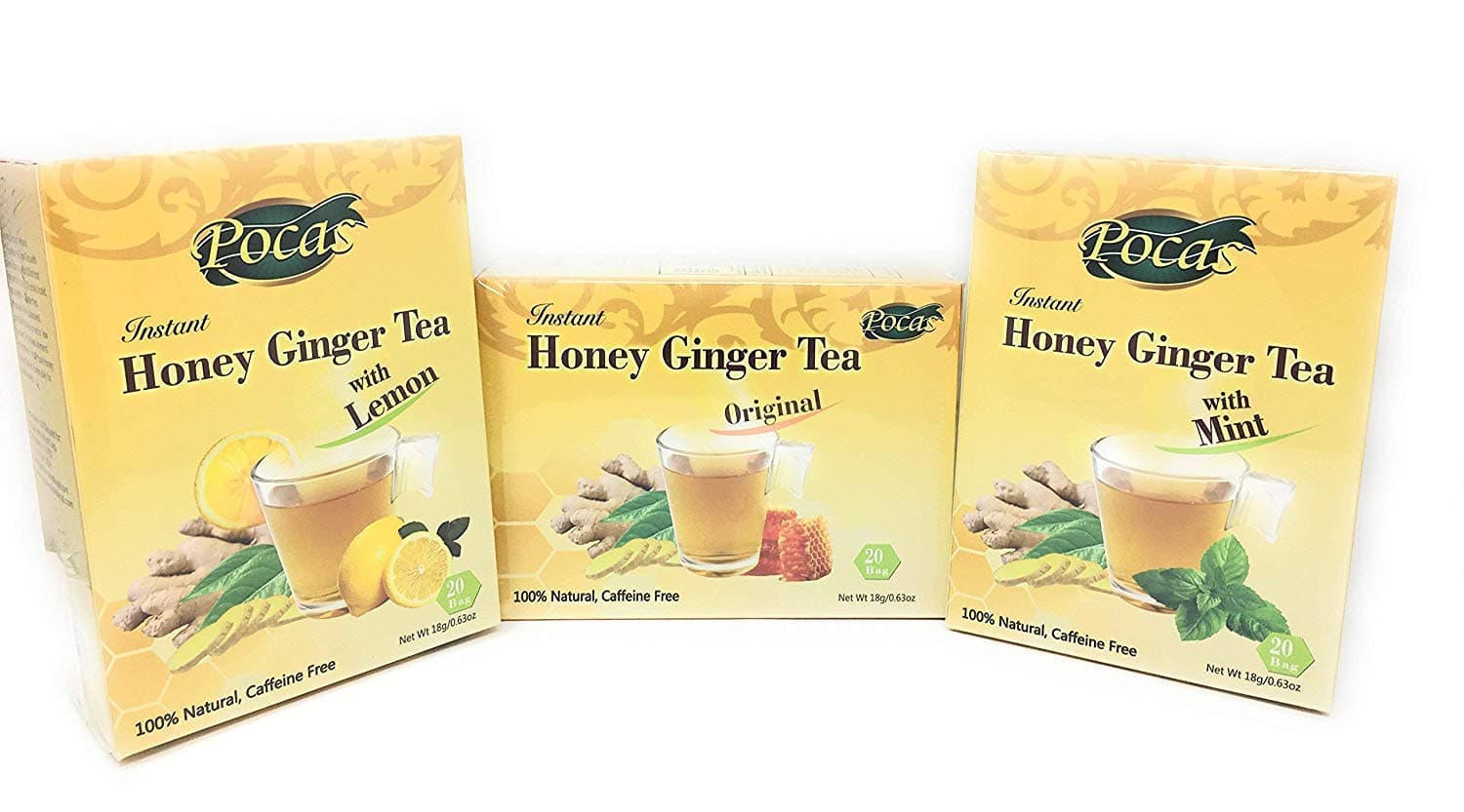 Pocas Instant Ginger Honey Crystal Tea Bundle of Three Flavors: Ginger Tea Original, Ginger Tea with Lemon and Ginger Tea with Mint, (Three Flavor Variety)