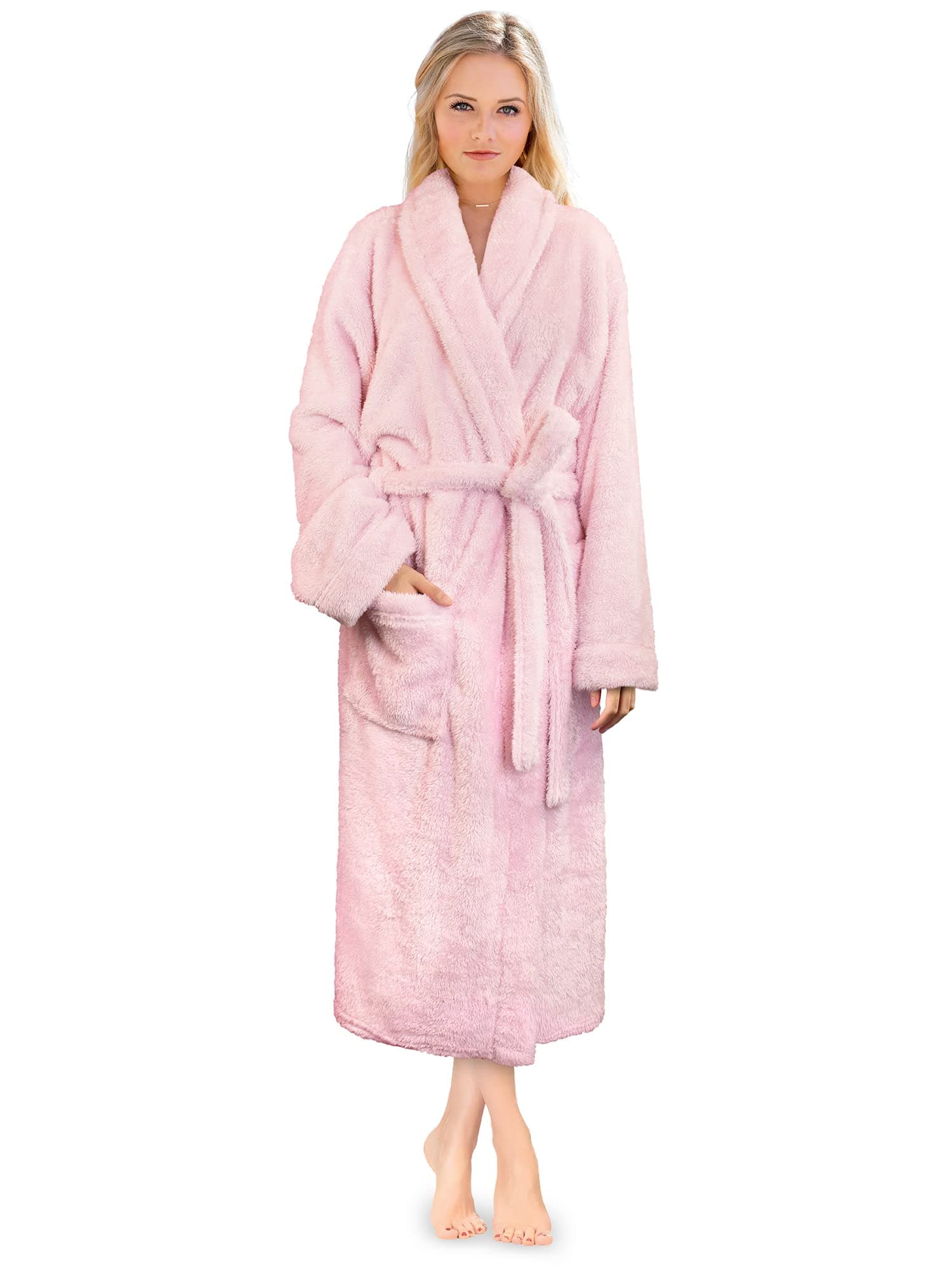 Premium Womens Plush Soft Robe Fluffy, Warm, Fleece Sherpa Shaggy Bathrobe, Light Pink, S-M