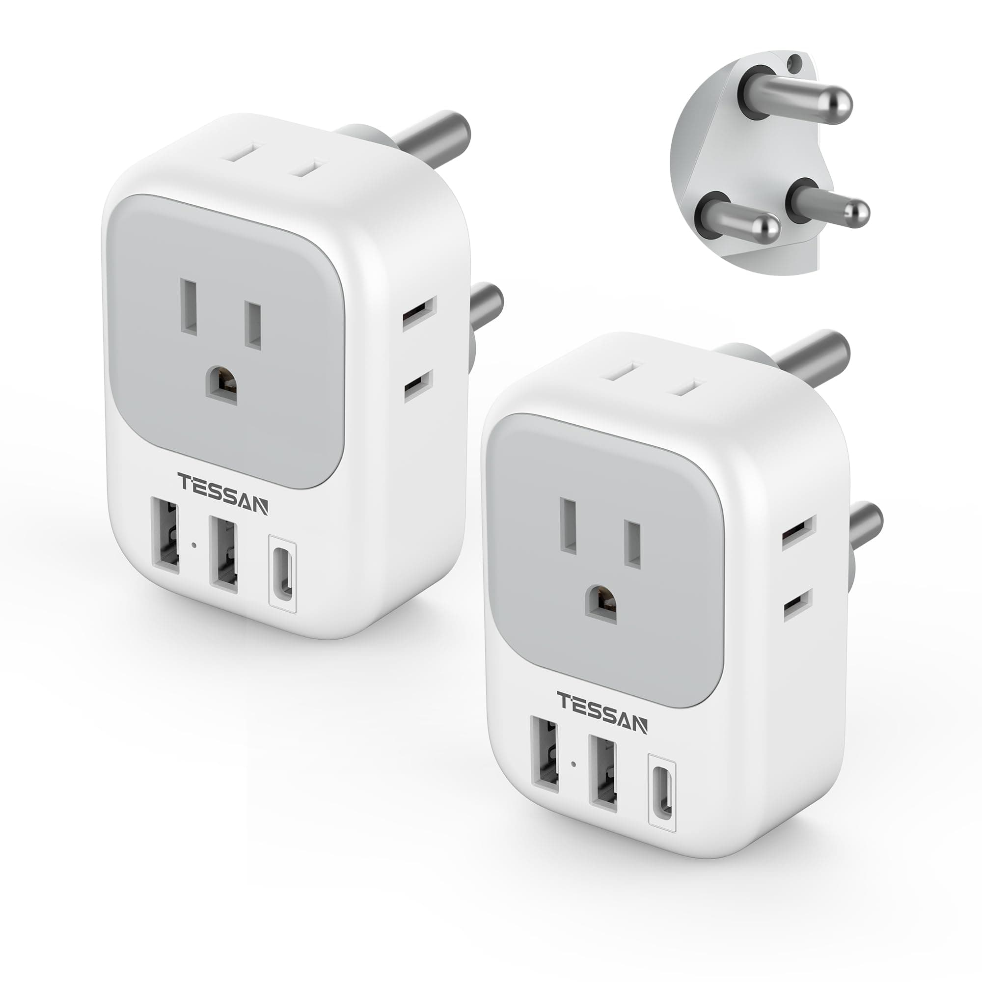 South Africa Plug Adapter 2 Pack, TESSAN Type M Power Adapter with 4 AC Outlets 3 USB Ports(1 USB C), Travel Adaptor US to Botswana Namibia Nepal Bhutan