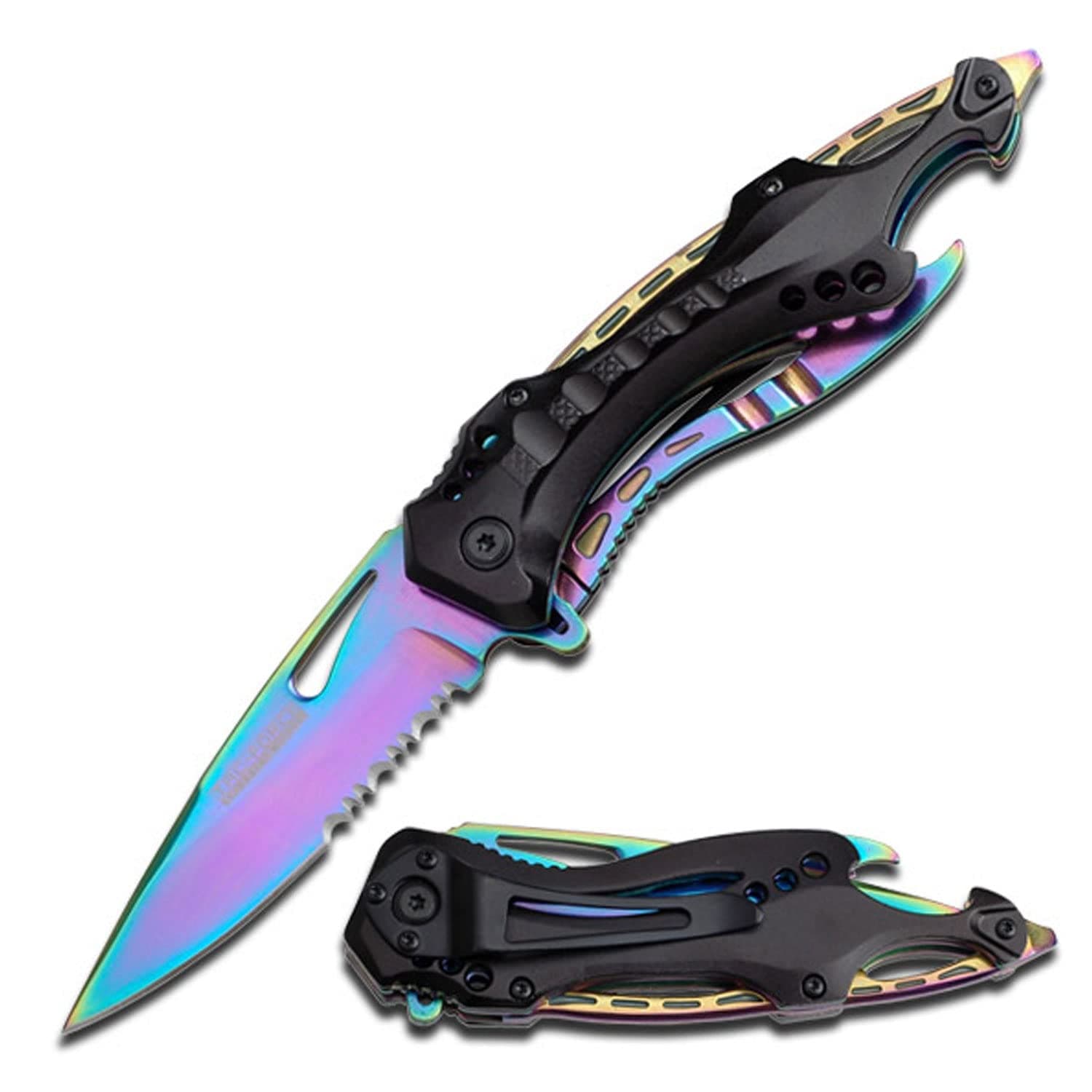 Tac-Force Folding Pocket Knife, 3.25-inch Serrated Rainbow Blade, Black Aluminum Handle, 7.75-inch Overall Length TF-705RB
