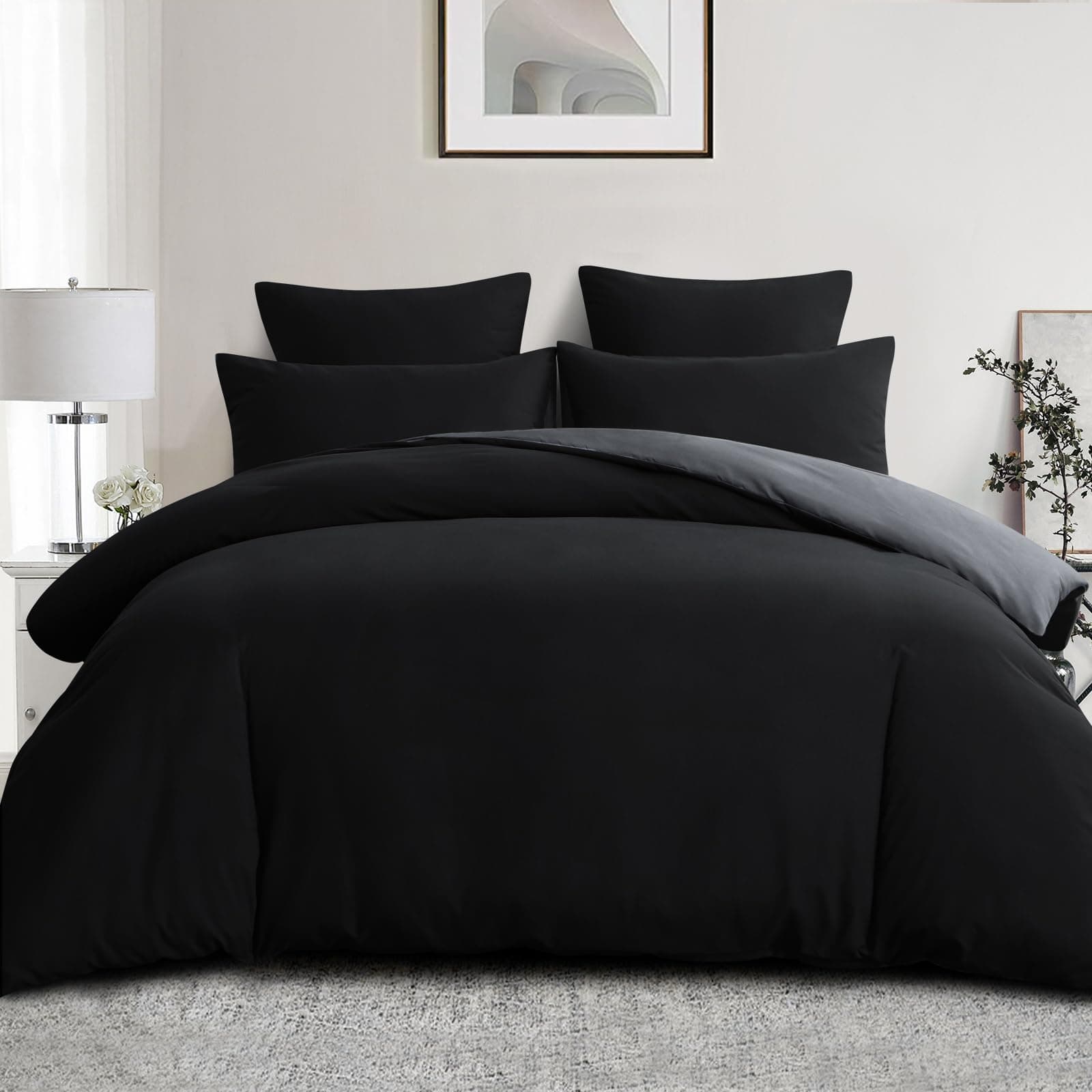 Aisbo King Size Duvet Cover Set - 3Pcs Reversible Bedding Bed Set Black and Grey Kingsize Soft Brushed Microfiber Oeko-TEX Quilt Cover with 2 Pillowcases 50x75cm