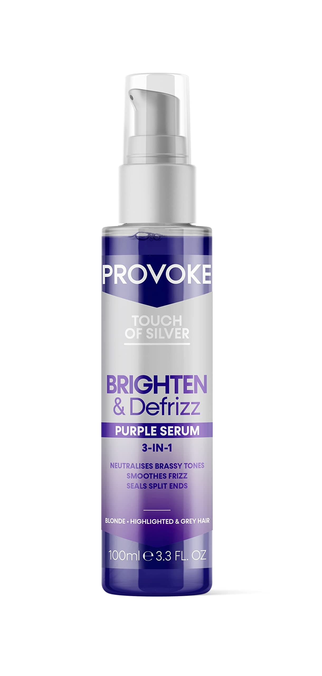 PROVOKE Touch of silver Brighten and Defrizz Purple Serum 100 ml. Neutralise Brassy Tones. Anti Frizz, Seal Split Ends. Plant-Based Keratin. Purple Pigments. For Blonde, Highlighted and Grey Hair