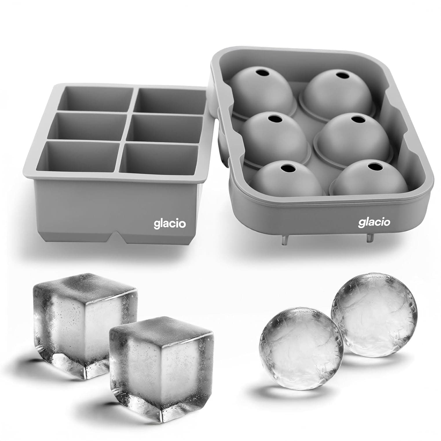 glacio Large Silicone Ice Cube Mold Combo – Durable Flexible Maker for Whiskey, Cocktails – Perfect for Craft, Whiskey Ice Balls, and Cocktail Cubes