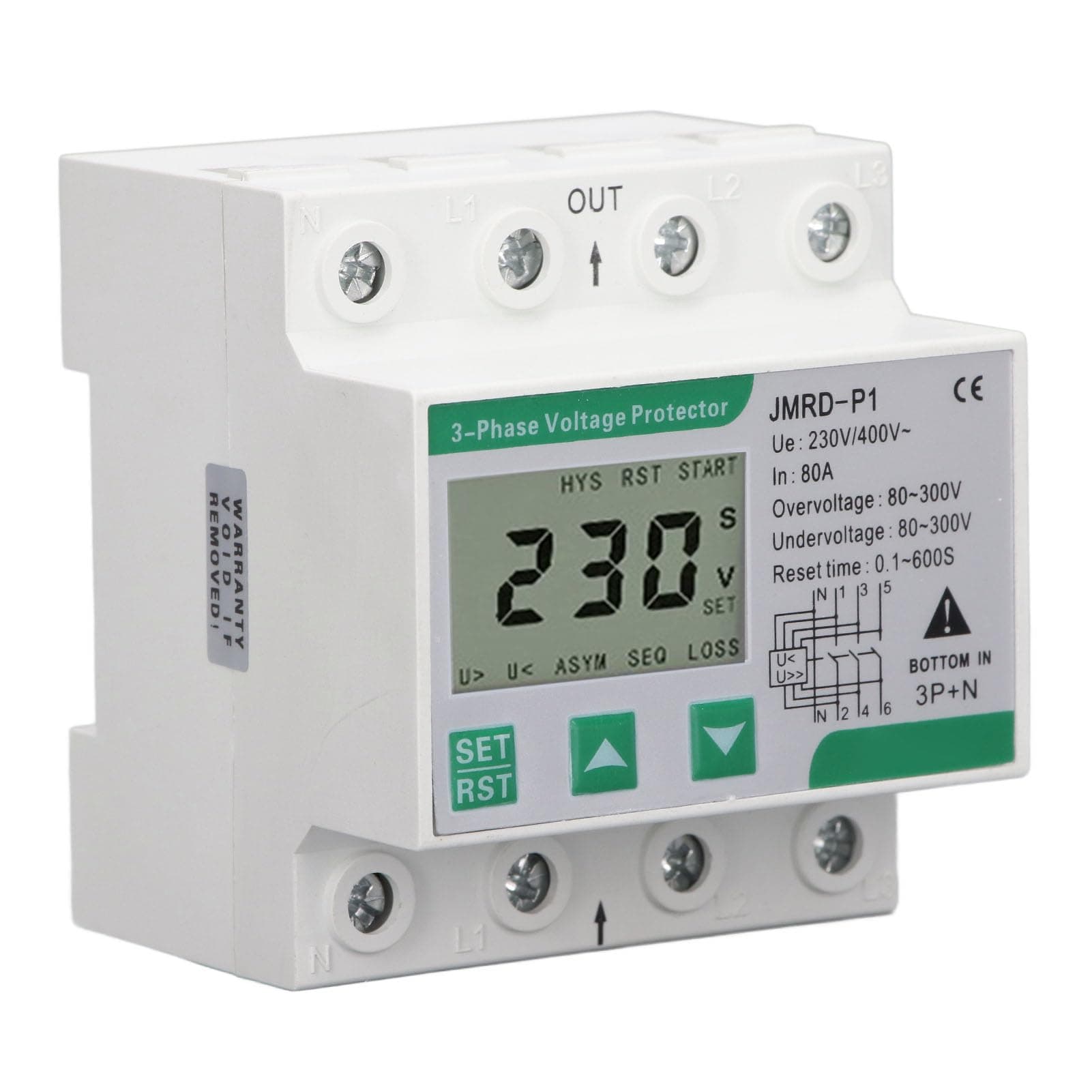Surge Protection Automatic Resetting DIN Rail Mount 3 Phase 4 Wire Voltage Protector Self Recovery Over Under Voltage Protective Device AC230 400V 80A