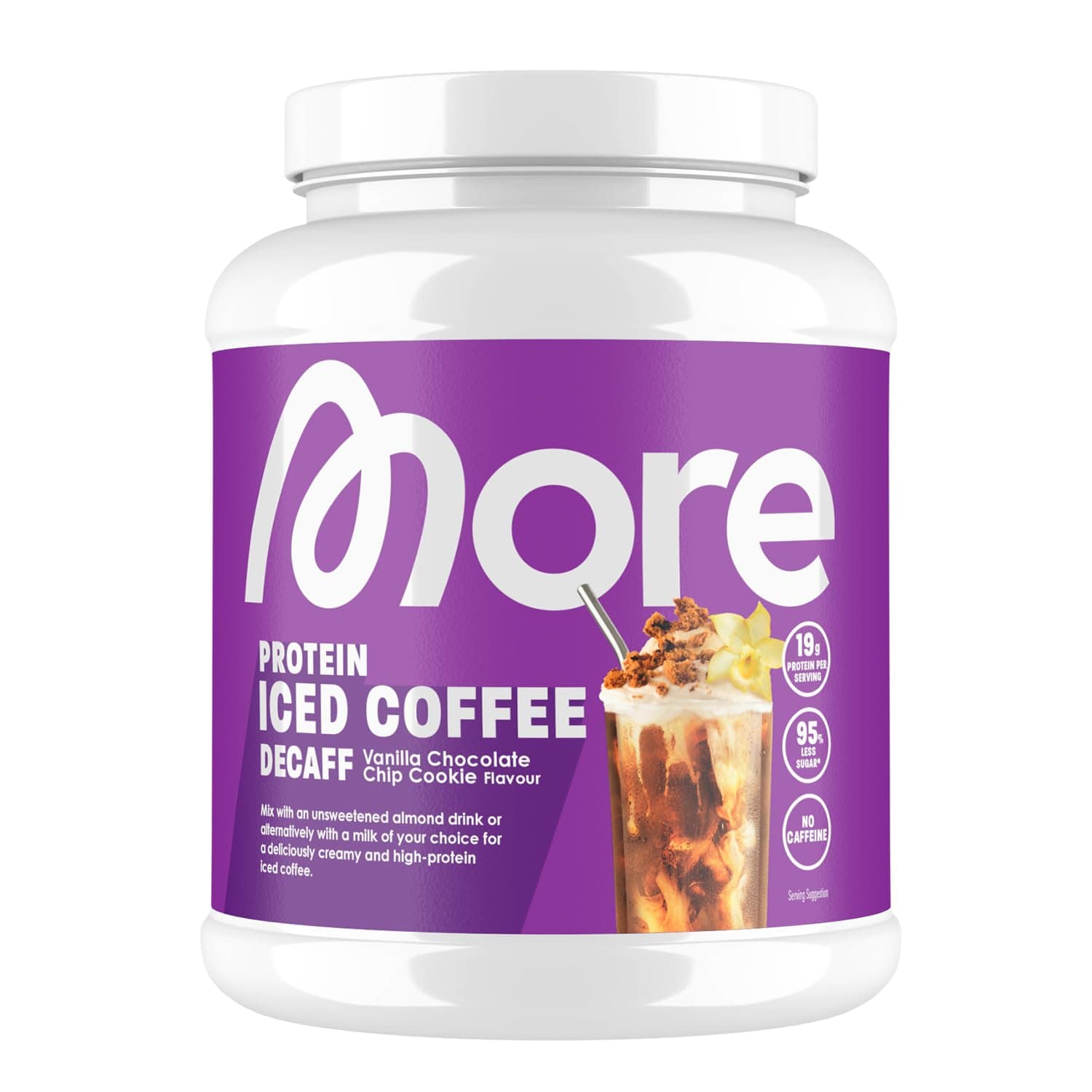 More Protein Iced Coffee, Vanilla Chocolate Chip Cookie Decaf, 500 g, 1.1 lbs, 20 Servings - Protein Powder with Instant Coffee