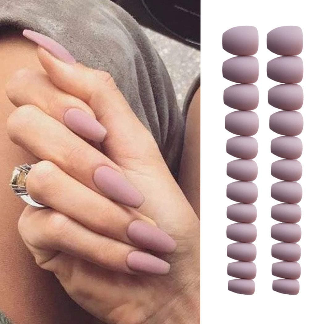 Evazen 24Pcs Different Color Coffin Nails Matte Finishi Coffin Ballerina Pre-Design Full Cover Medium Ballerina False Nails Art Tips for Women (Pink)