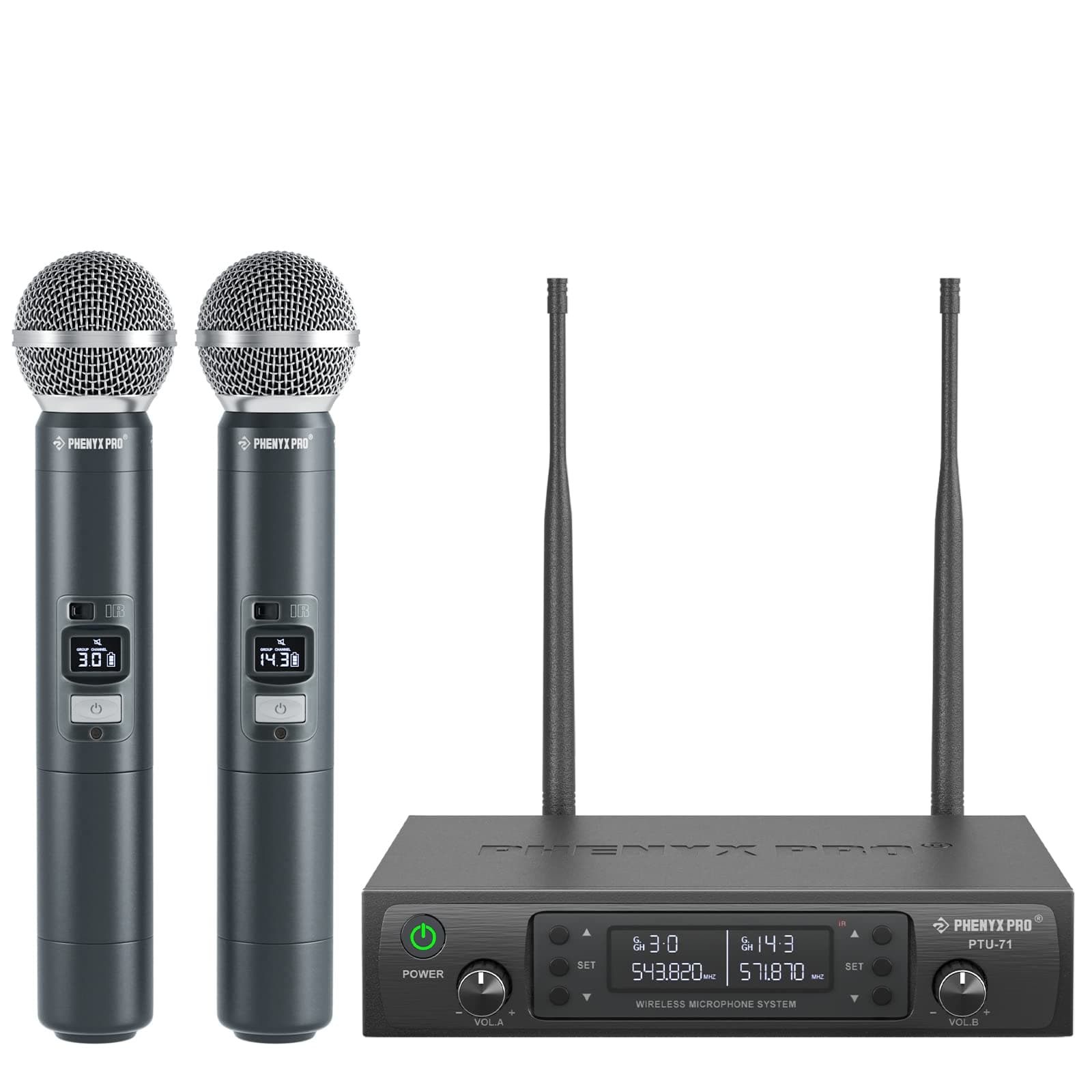 Phenyx Pro Wireless Microphone System, Dual UHF Cordless Mic Set with Handheld Mics, All Metal, 2x200 Channels, Interference-Free Long Distance Operation, Ideal for Karaoke, Church, Weddings(PTU-71A)