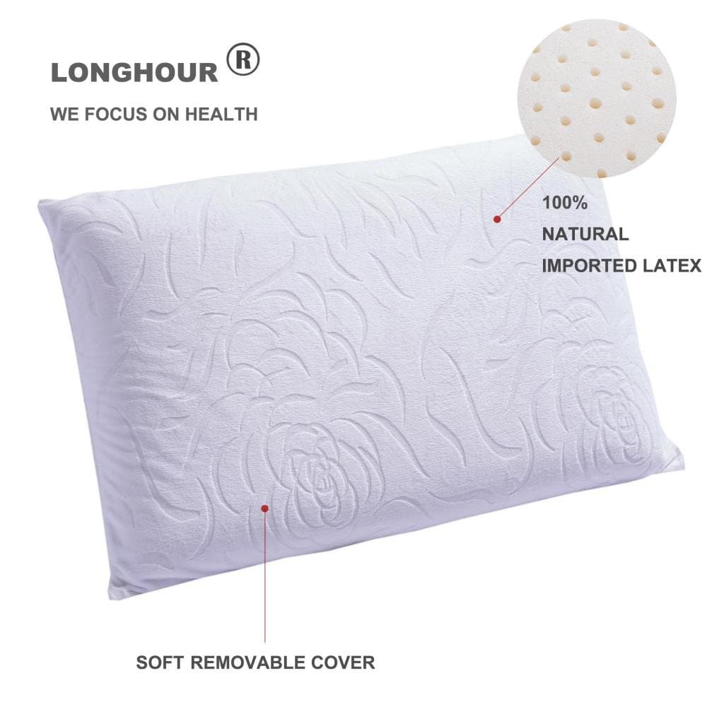 Longhour LONGHOUR174; Breathable Natural Latex Pillow with Soft Flowers Embossed Velour Pillowcase, Standard Size