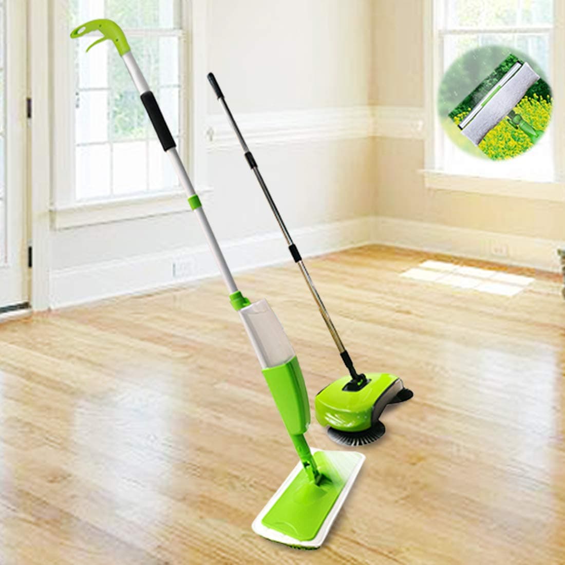 GIOVARA 3-in-1 Cleaning Kit Includes Spray Mop, Window Cleaner and Hand Push Sweeper Broom with Reusable Microfibre Pad and Dust Pan for Floor and Windows Cleaning