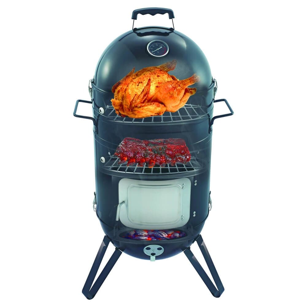 Premium Smoker Bbq Grill 14 Inch Diameter Charcoal Meat Smoker for Outdoor Barbecues & Smokers, Long Burn High Capacity Design with Dual Cooking Racks, Hanging Hooks and Weather Proof Cover