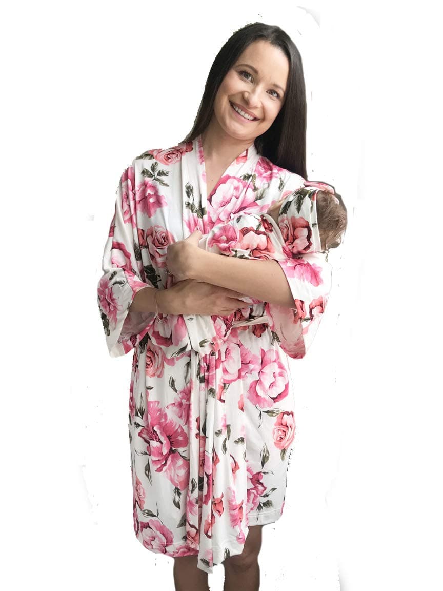 Maternity Labor Delivery Matching Robe and Swaddle Blanket and Hat or Headband Set, Hospital Bag Must Have (Ivory Botanical, L/XL)