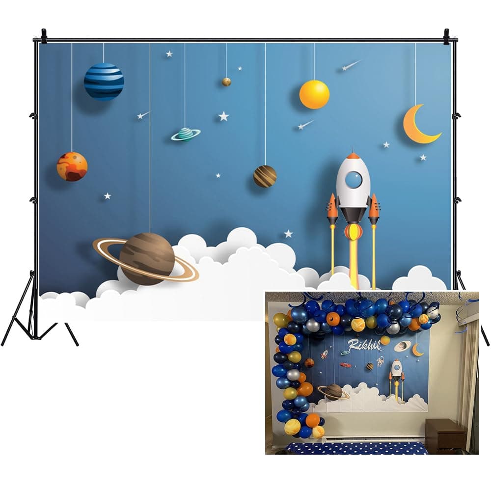 8x5ft Cartoon Spaceship Photography Backdrop Kids Boys Space Theme Birthday Party Background Universe Planet Mysterious Galaxy Blue Photo Around The Sun Backdrop Birthday Decor Props