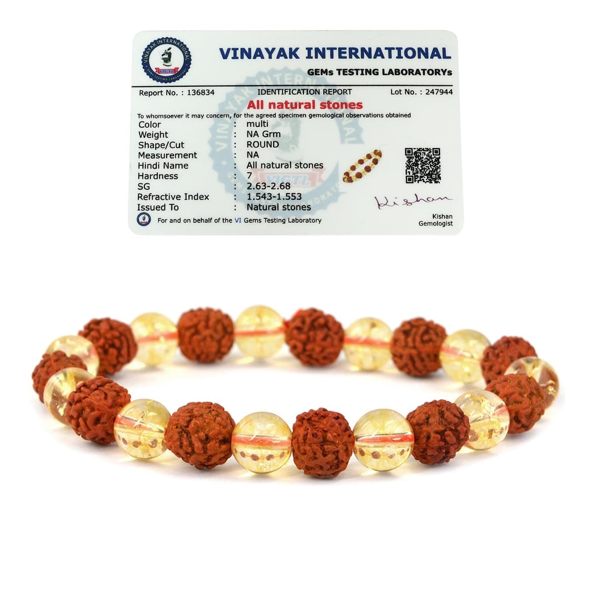 Natural Certified Citrine with Rudraksha Bracelet, Semi Precious Crystal Gemstone Bracelets for Women and Men