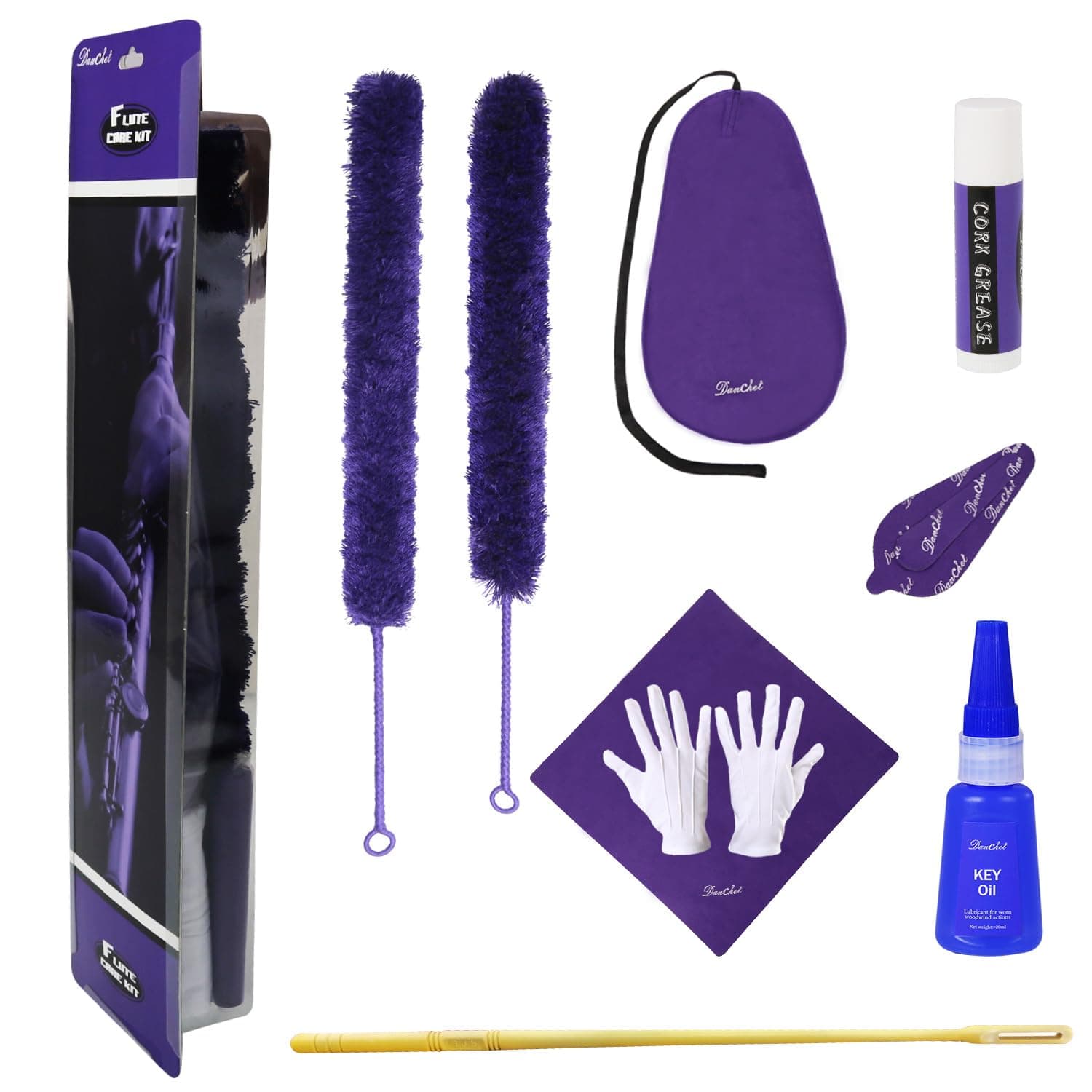 Flute Cleaning Care Cleaning Kit: Key Oil + Cork Grease + Swab + Cleaning Cloth + Cleaning Brush + Cleaning Rod - Maintenance Kit