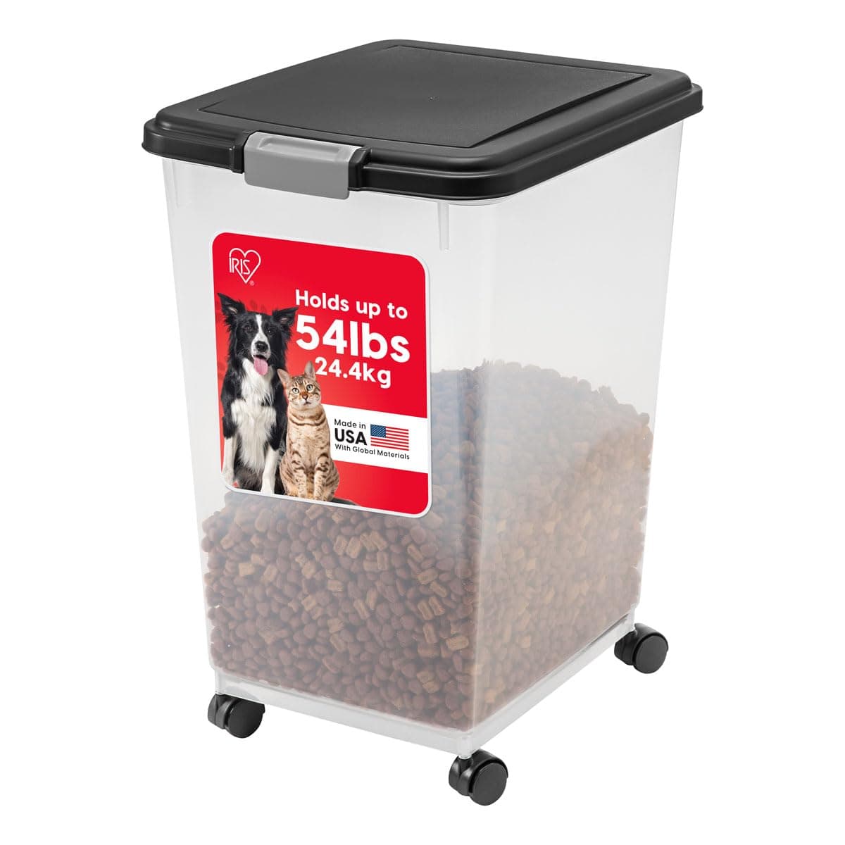 IRIS USA Airtight Dog Food Storage Container, Up to 54 lbs, Attachable Wheels, For Dog Cat Bird and Other Pet Food Storage Bin, Keep Fresh, Translucent Body, Easy Mobility, Black