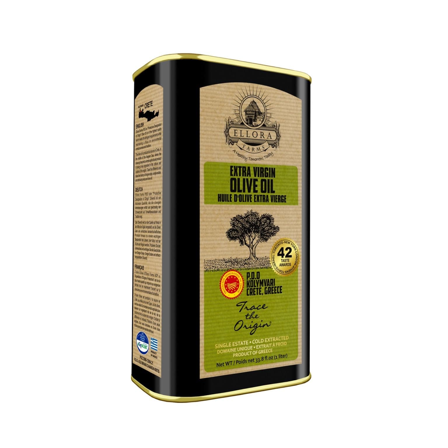 Ellora Farms Olive Oil Extra Virgin, Certified Single Estate PDO, High Polyphenol Extra Virgin Olive Oil, Cold Pressed & Traceable EVOO, Kosher, Crete, Greece 33.8 Fl oz (1 Ltr)