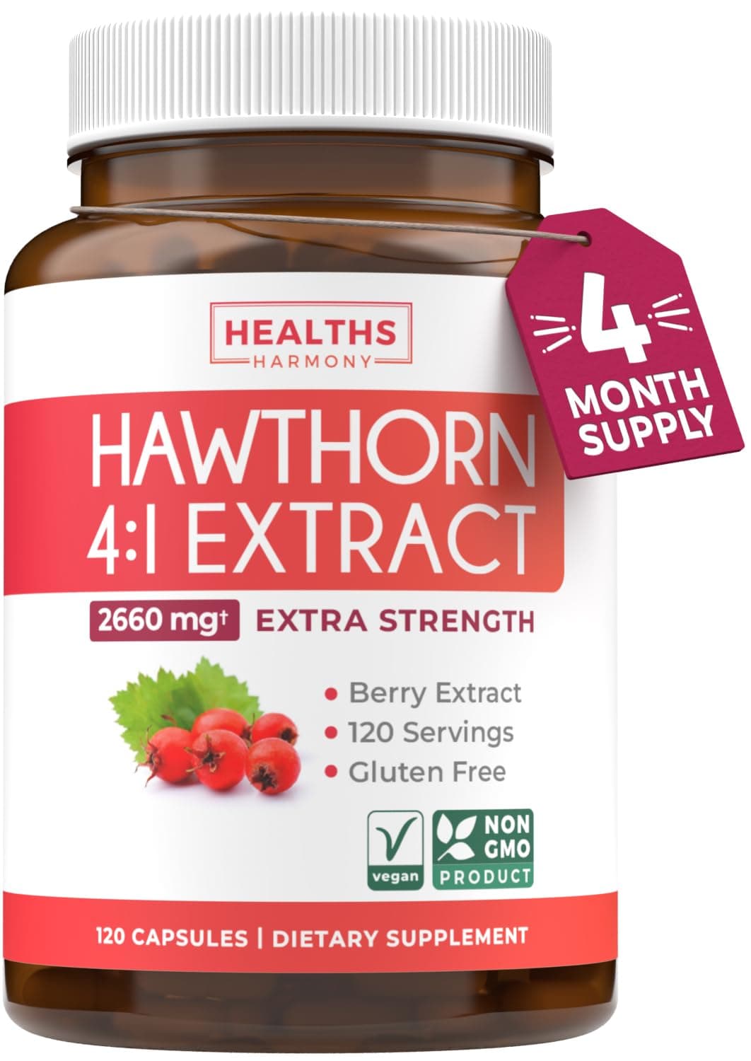 Hawthorn Berry 4: 1 Extract Supplement for Healthy Blood Pressure, Heart Health And Immune System (120 Capsules)