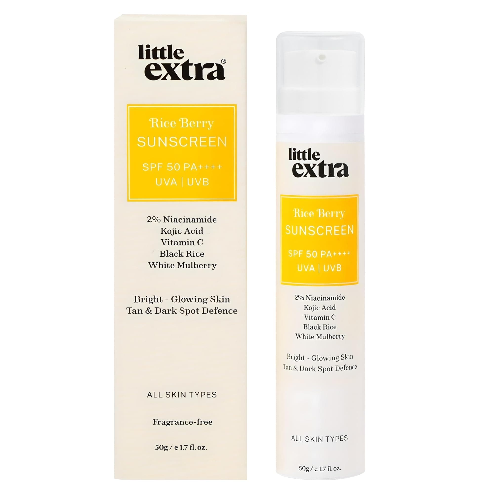- little extra Rice Berry Sunscreen, Spf 50 Pa++++, Uva/B, Fast Absorbing, With Niacinamide, Kojic Acid, Vitamin C, Black Rice Water For Bright, Glowing Skin, No White Cast, Light Weight, 50G, All