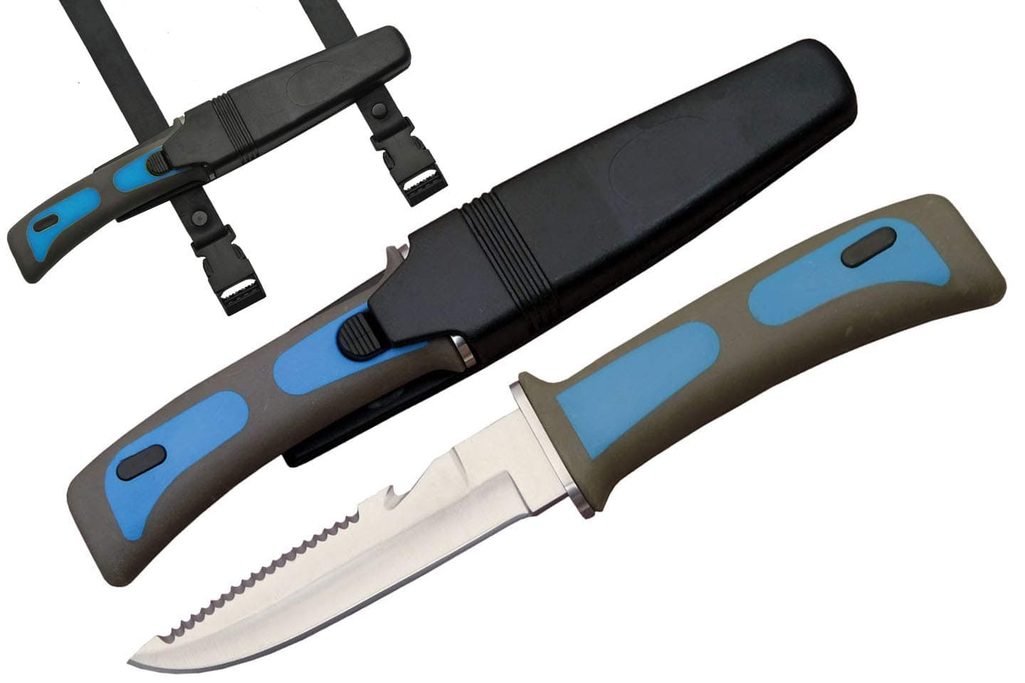 SZCO Supplies 9-Inch Blue Dive Knife with Stainless Steel Blade, Rubberized Grip, Sawtooth Spine, Hard-Sheath & Leg Strap for Diving, Snorkeling, and Outdoor Adventures