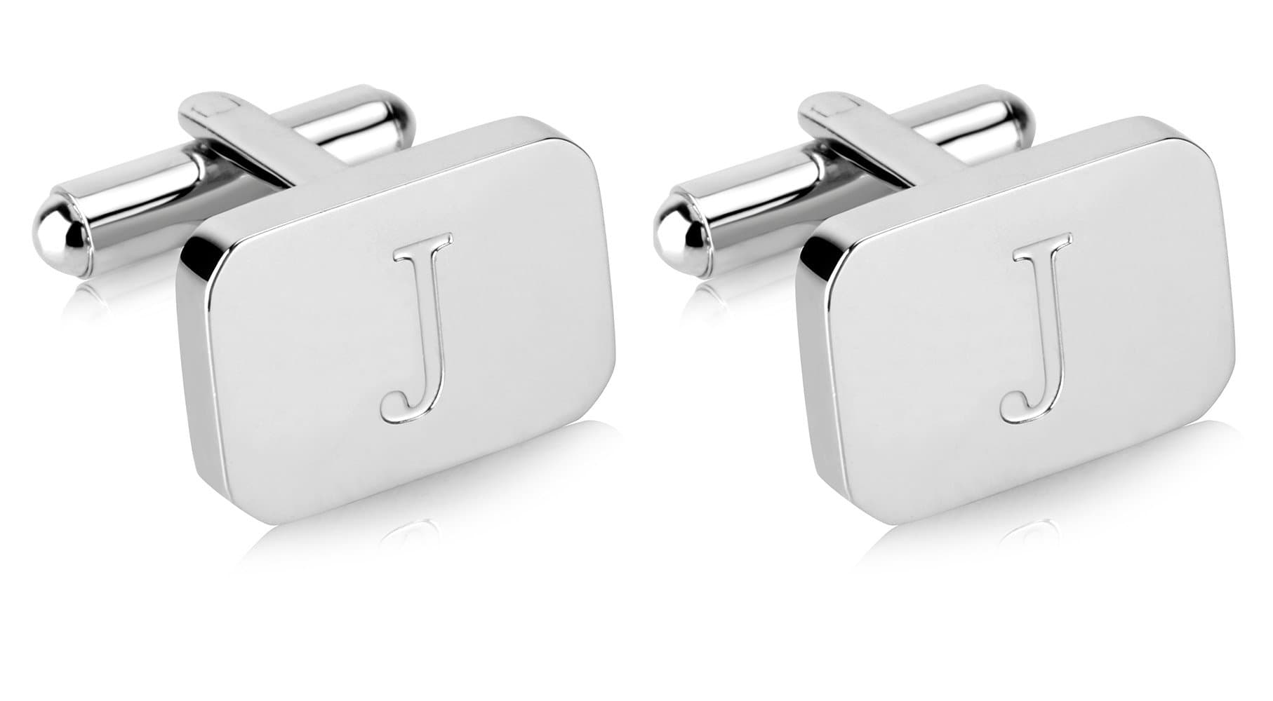 18K White-Gold Plated Initial Engraved Stainless Steel Men’s Cufflinks With Gift Box -Personalized Alphabet Letter’s A-Z By Lux & Pair
