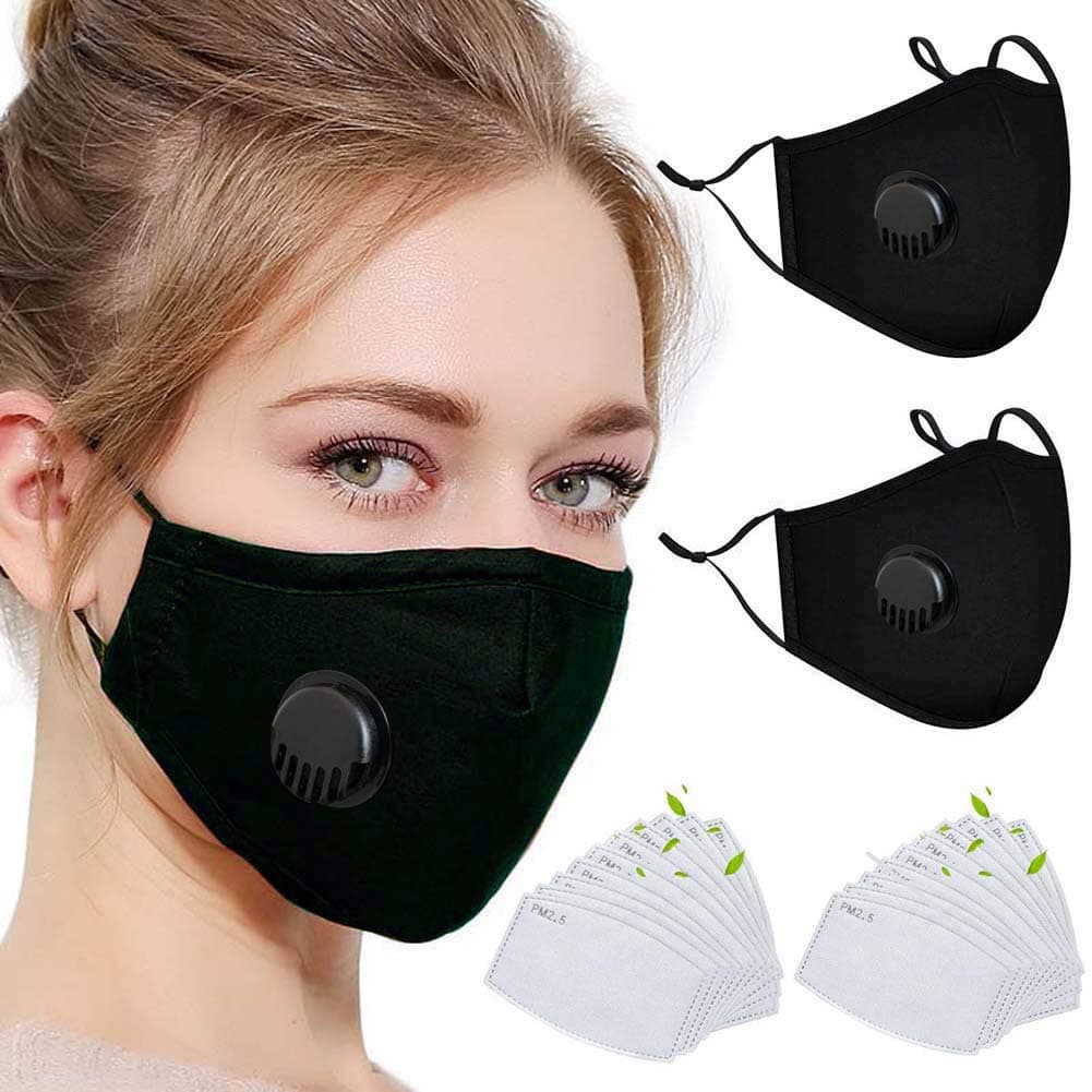 20Pcs Activated Carbon 5 Layers Filters, 2 Pack (Black) Unisex Breathable Valve Adjustable Reusable Washable Cotton Cover for Outdoor Activities