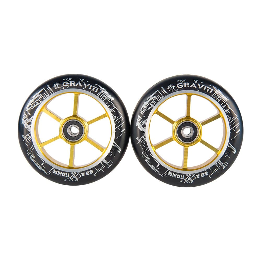GRAVITI One Pair 110mm Pro Stunt Scooter Wheels with ABEC-9 Bearings CNC Metal Core (2pcs) (Black pu Gold core)