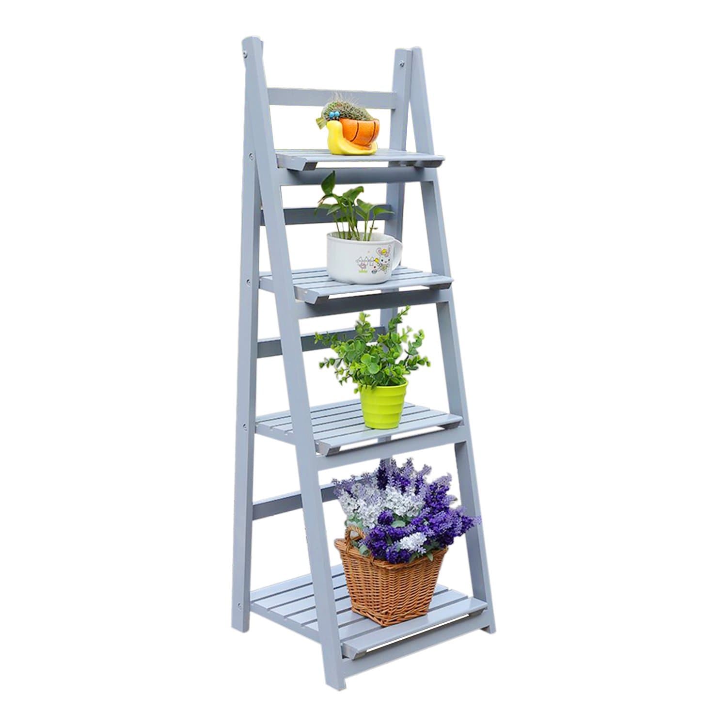 KATHER Plant Stand 4 Tier Flower Stand Flower Shelf Wooden Wooden Garden Home Flower Balcony Shelf Ladder Display Free Standing Folding Flower Stand (Grey)