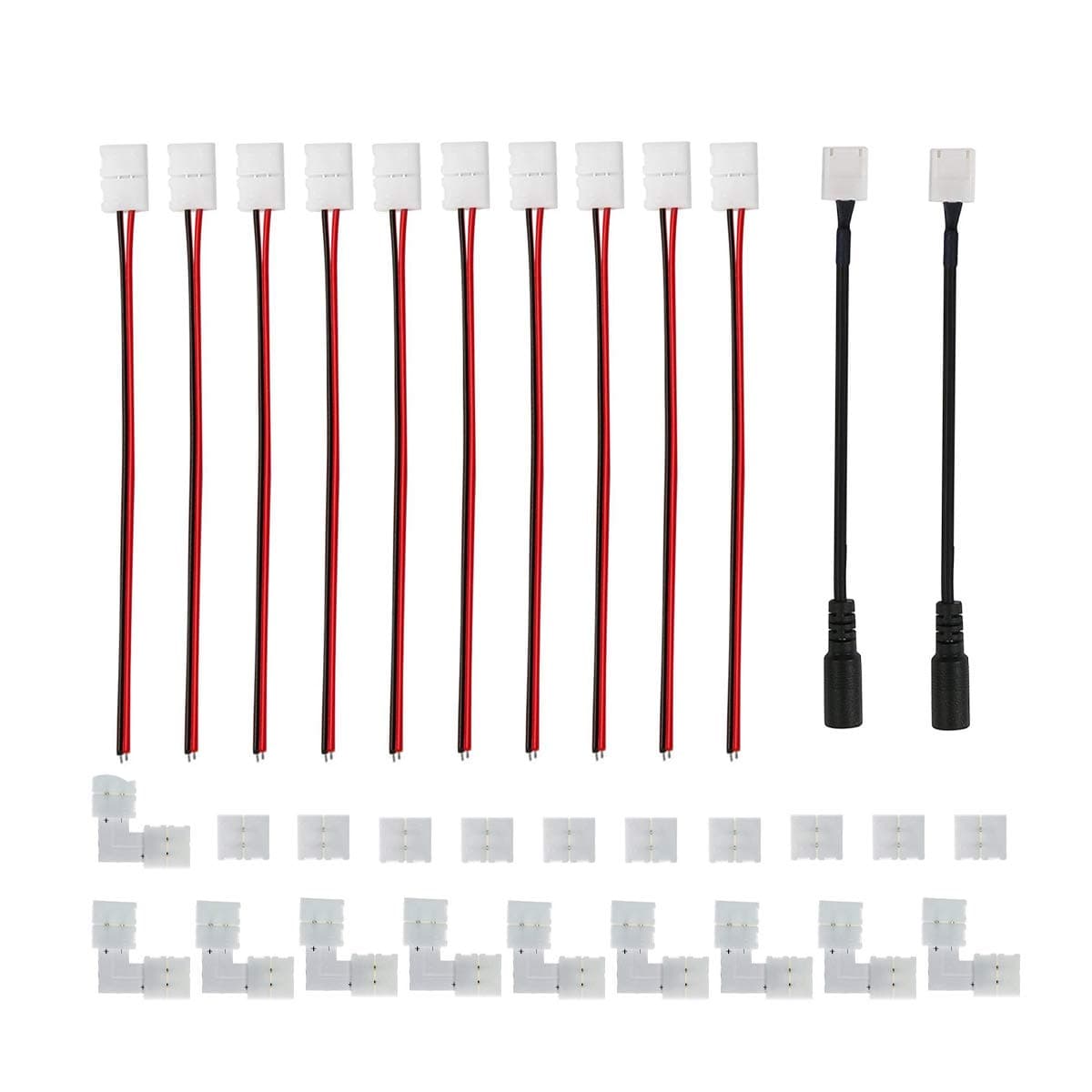 Fntek 3528 8mm 2 Pin LED Strip Connector Kit with 10x Strip Wire Solderless LED Strip Light Connectors, 10x L Shape 2 Pin Right Angle Corner Connector, 10x Strip to Strip Connectors, 2X DC Connector