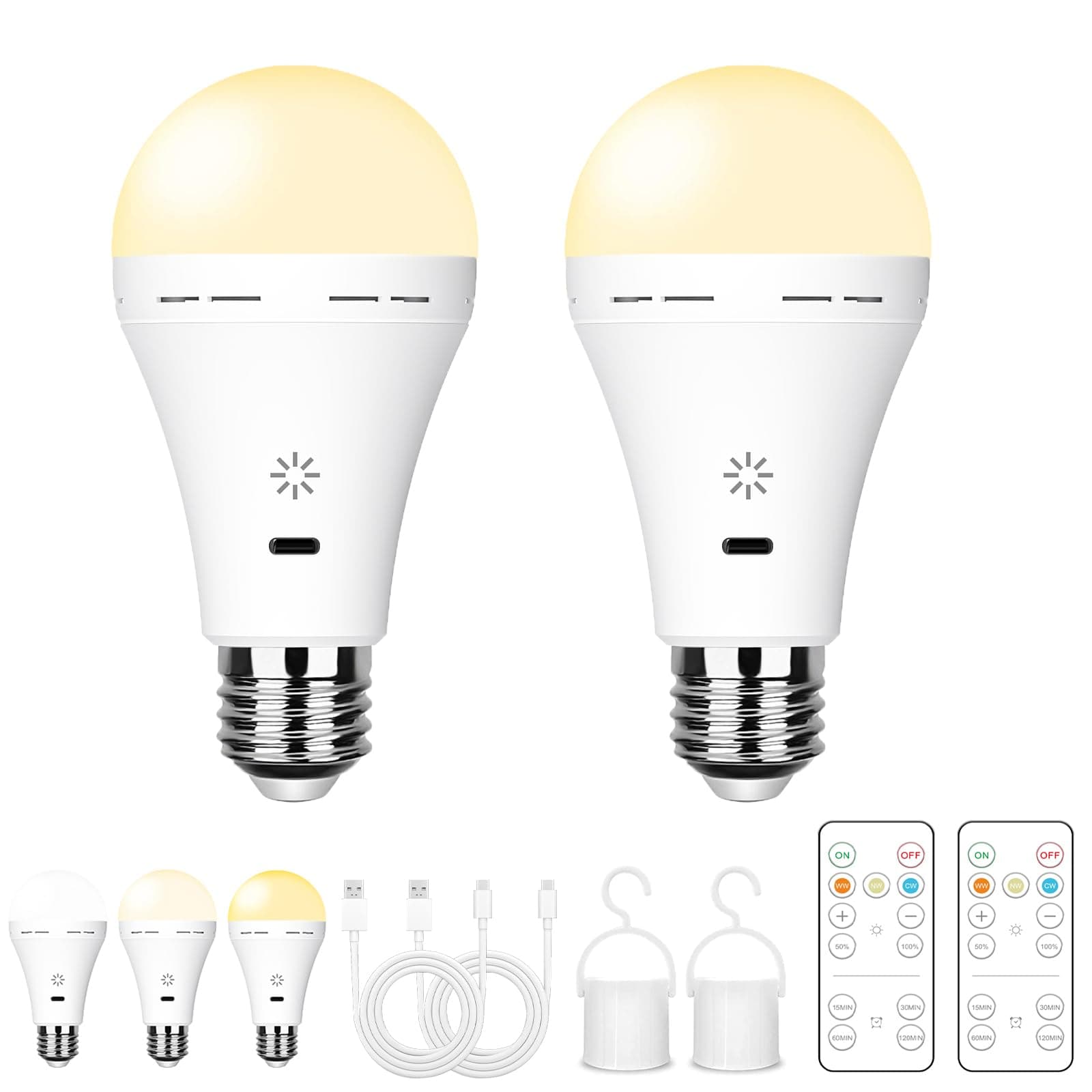 USB Rechargeable Bulb with Remote Control, 3 Colour Temperatures, E27 LED Dimmable Battery, 7W Touch Control with Timer, Emergency with Hook, 2600mAh, 2 Pack