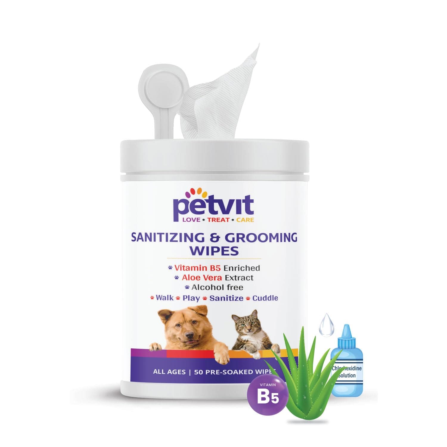 Petvit Cleansing & Grooming Wipes for Dog and Cat Enriched with Vitamin B5 and Aloe Vera, 50 Wipes Piece