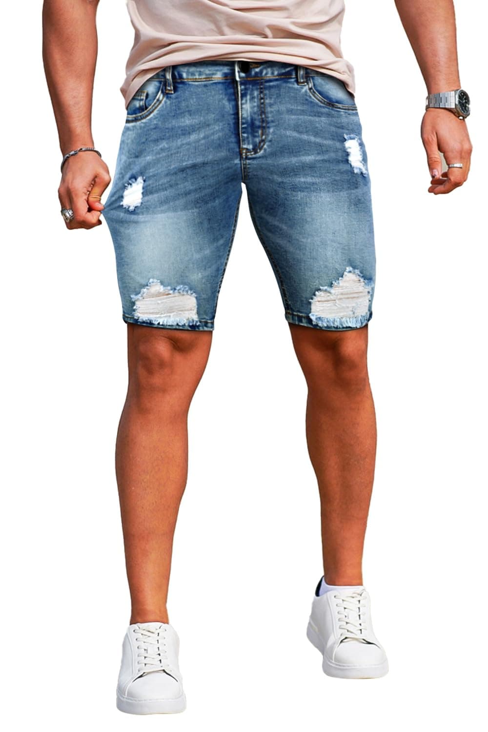 GINGTTOMen's Jean Shorts Ripped Slim Fit Stretch Denim Shorts