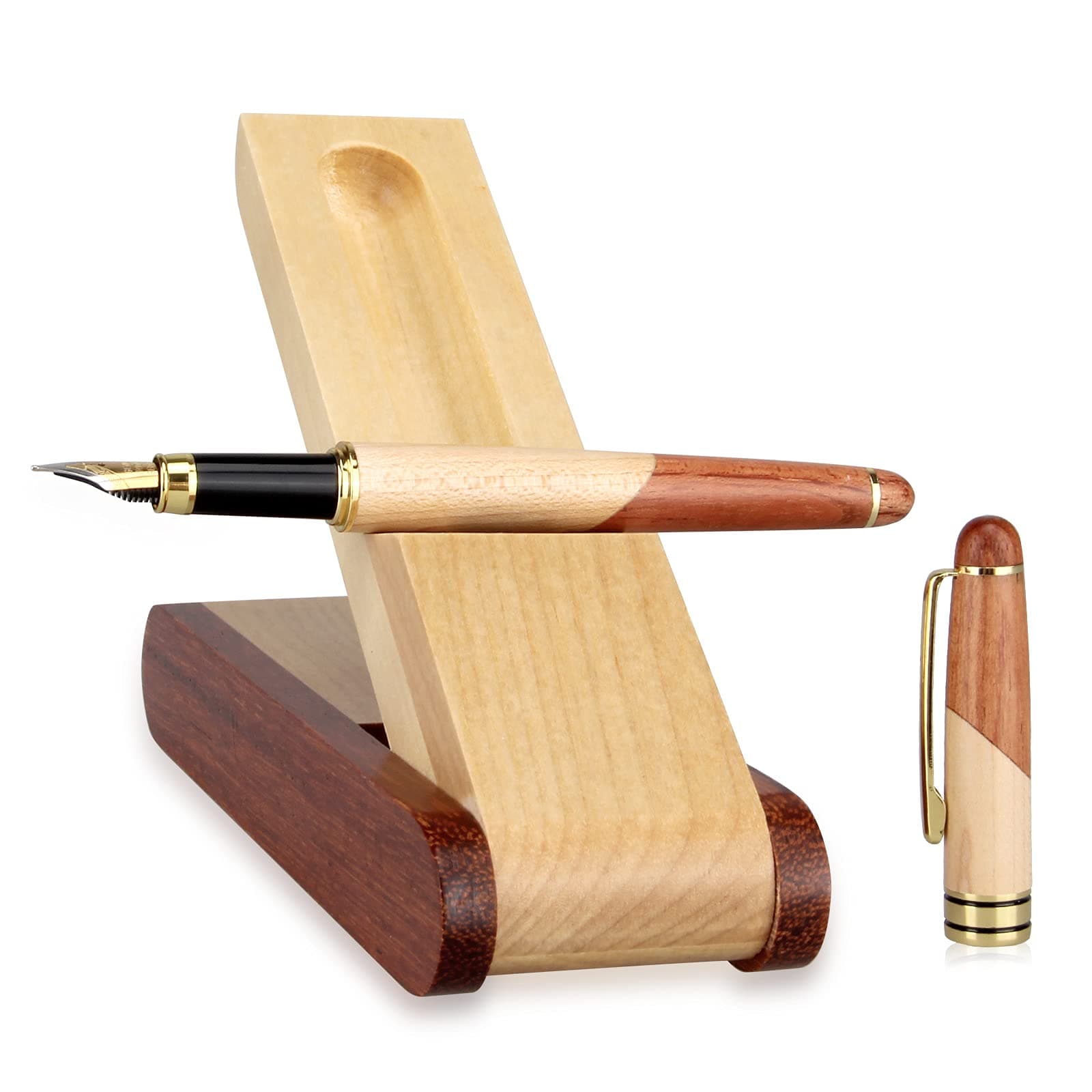 Best Wooden Fine Fountain Pen with Display Case and Ink Cartridges, Nice Ink Pen Gift Set with Wood Single Pen Holder