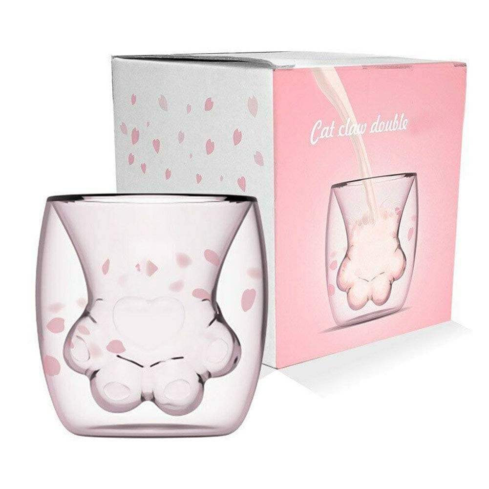 Cute Cat Cups Double Wall Insulated Glass Coffee Mugs, Adorable Pink Sakura Cup, 3D Cat Foot Tea Cups, Gifts Cup for Girls & Woman, Perfect for Birthday Christmas Valentines Holiday, Cats Lover Decor