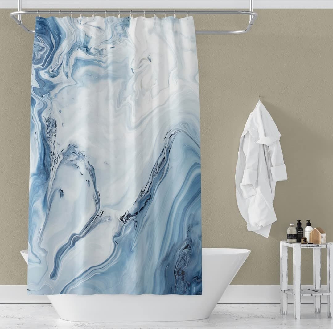 Marble Print Shower Curtain, Abstract, Bathroom Curtain with Hooks, 100% Polyester, 3D Printing Technology, 180cm x 180cm / 71 x 71 inches, Bathroom Accessories (Blue)