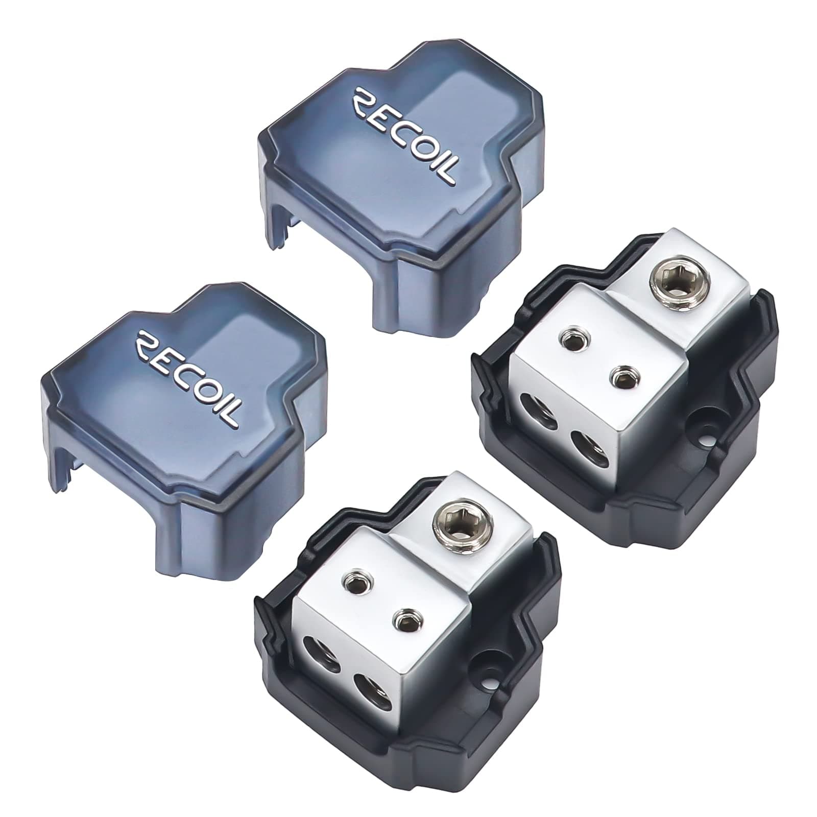 Recoil SDB12P 2-Way Mini Power Distribution Block, 1 X 4/8 Gauge in / 2 X 8/10 Gauge Out Power Distribution Ground Distributor Block for Car Audio Amplifier Splitter, 2 Pack